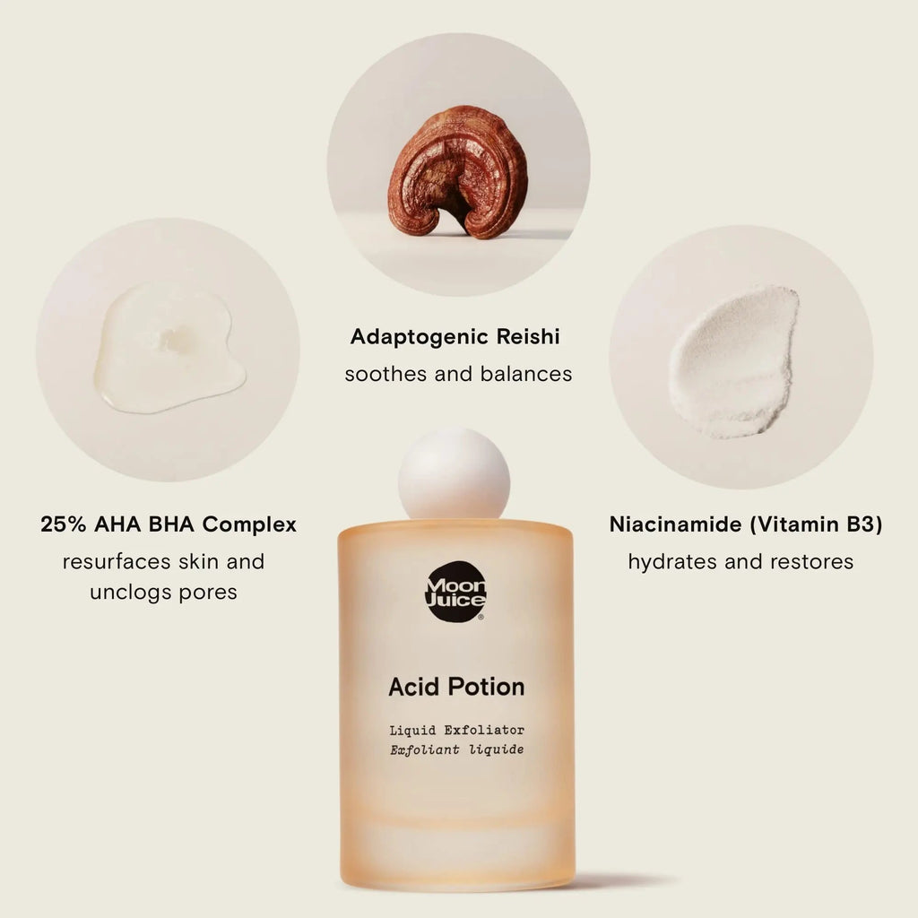 Moon Juice Acid Potion Liquid Face Exfoliator - 25% AHA BHA Exfoliant with Reishi + Niacinamide - Helps Resurface Skin, Unclog Pores, & Stimulate Collagen - Hydrates & Soothes Skin (3.3 Fl oz) - TrustMedUSA