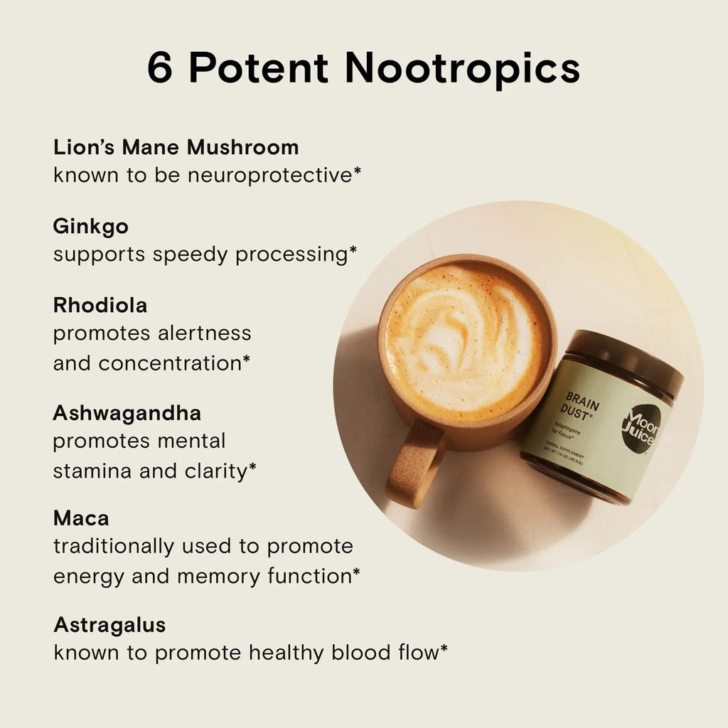Moon Juice Brain Dust - Adaptogenic Mushroom Supplement for Memory & Focus - Lion’s Mane, Ginkgo Biloba & Ashwagandha - Caffeine-Free, Vegan Brain Supplement - 1.5 oz - TrustMedUSA
