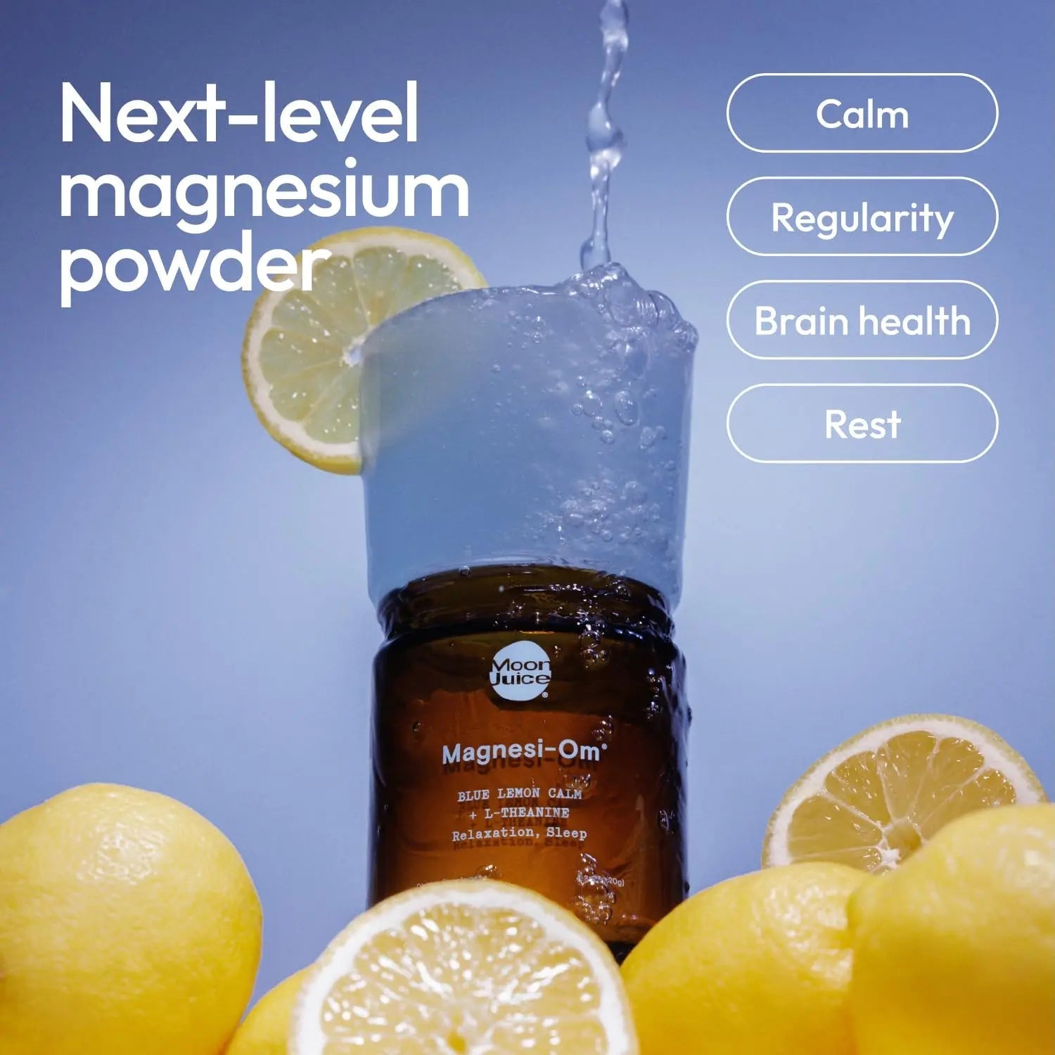 Moon Juice Magnesi-Om Magnesium Powder Supplement - Chelated Magnesium Complex + L-Theanine Blend for Rest, Relaxation & Regularity - Vegan, Non-GMO & No Sugar, Blue Lemon, 4.2 oz, 30 Servings - TrustMedUSA