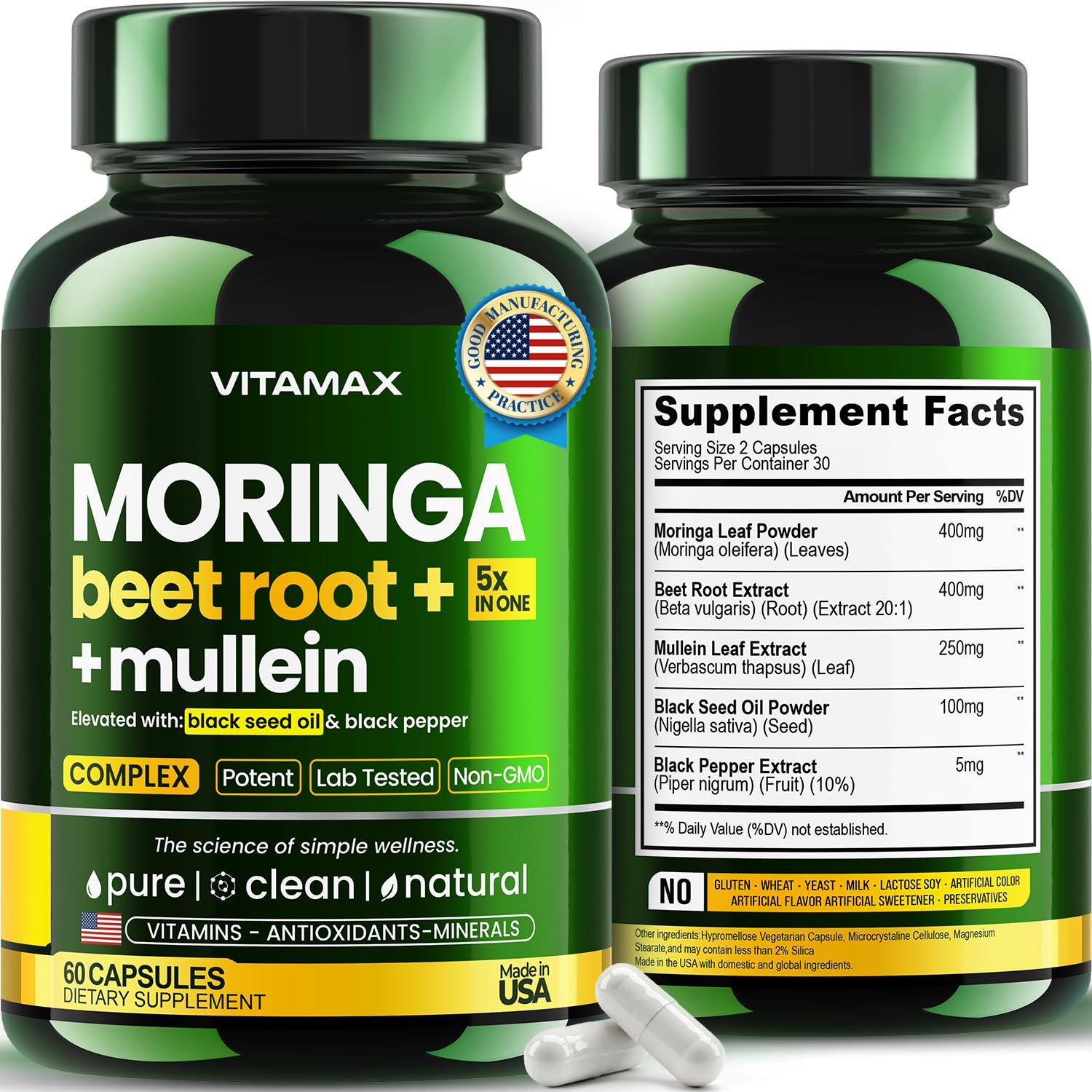 Moringa Capsules, Beet Root, Mullein Leaf - Energy, Skin, Immune Supplement Superfood, Rich in Antioxidants, Minerals & Essential Vitamins - High Absorption Non-GMO - Made in USA - 60ct - TrustMedUSA