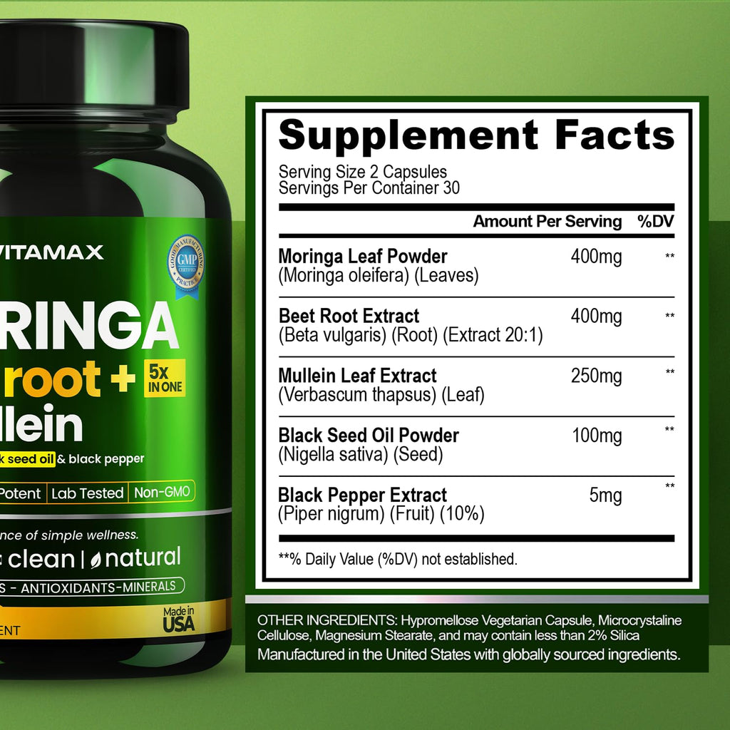 Moringa Capsules, Beet Root, Mullein Leaf - Energy, Skin, Immune Supplement Superfood, Rich in Antioxidants, Minerals & Essential Vitamins - High Absorption Non-GMO - Made in USA - 60ct - TrustMedUSA