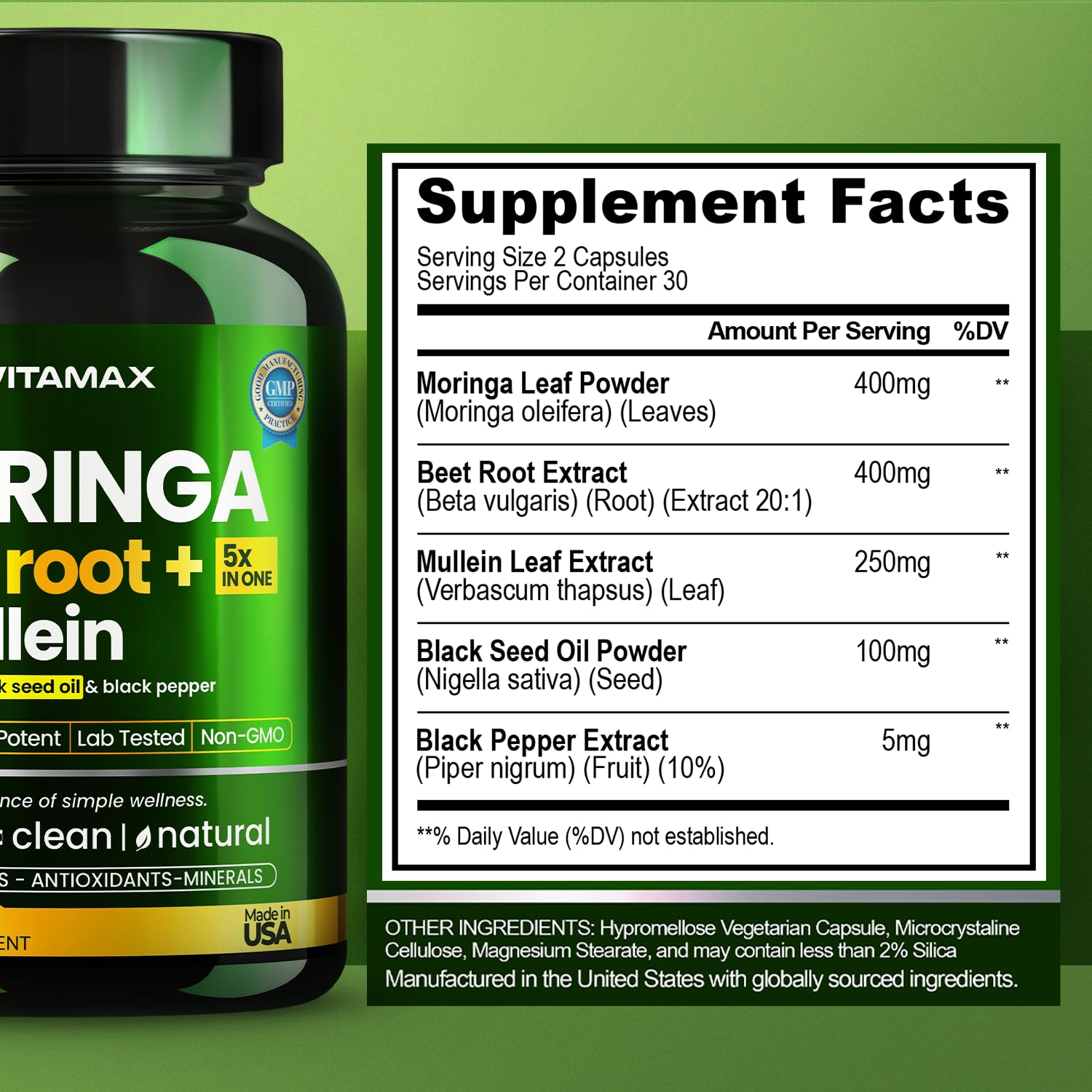 Moringa Capsules, Beet Root, Mullein Leaf - Energy, Skin, Immune Supplement Superfood, Rich in Antioxidants, Minerals & Essential Vitamins - High Absorption Non-GMO - Made in USA - 60ct - TrustMedUSA