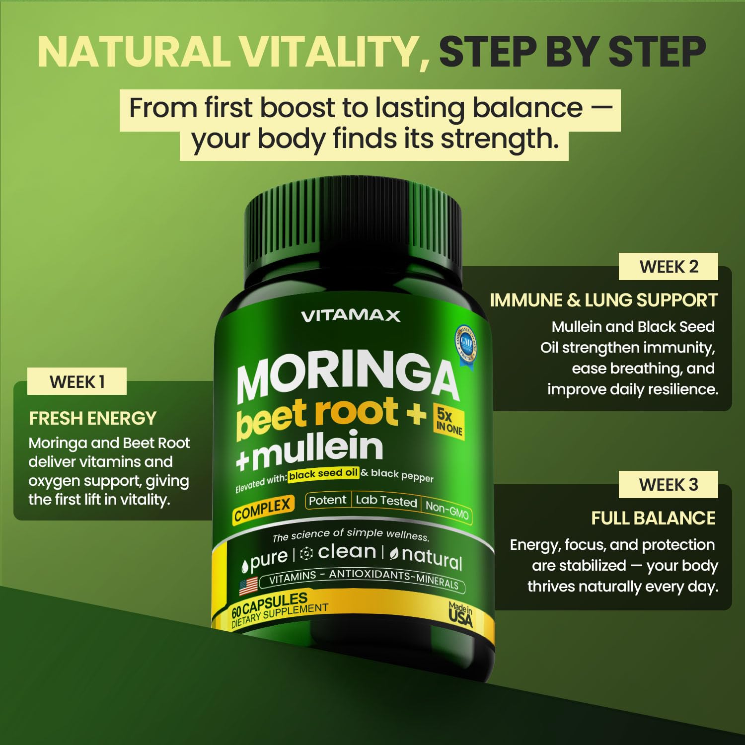 Moringa Capsules, Beet Root, Mullein Leaf - Energy, Skin, Immune Supplement Superfood, Rich in Antioxidants, Minerals & Essential Vitamins - High Absorption Non-GMO - Made in USA - 60ct - TrustMedUSA