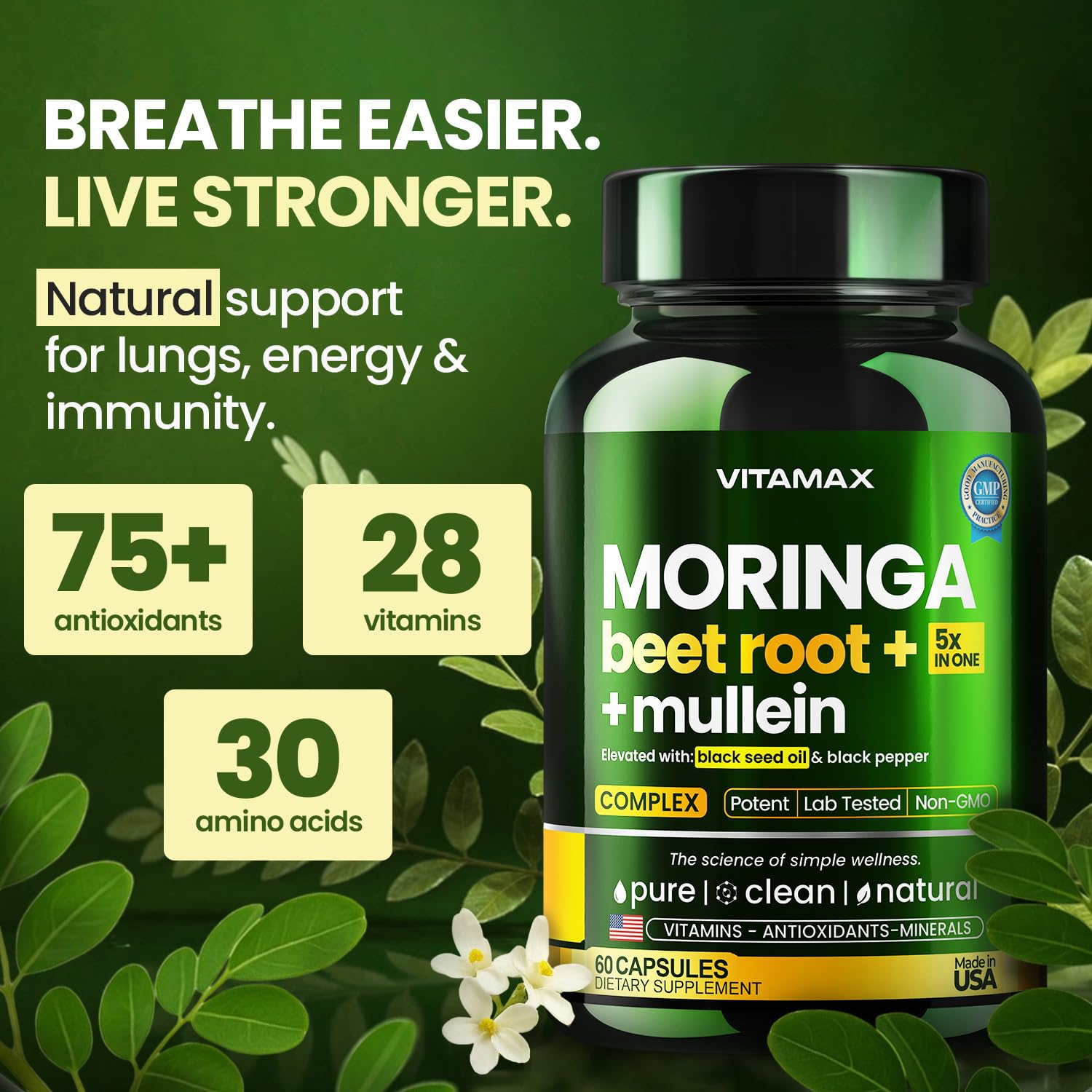 Moringa Capsules, Beet Root, Mullein Leaf - Energy, Skin, Immune Supplement Superfood, Rich in Antioxidants, Minerals & Essential Vitamins - High Absorption Non-GMO - Made in USA - 60ct - TrustMedUSA