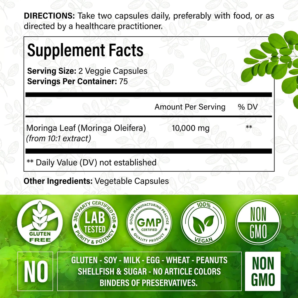 Moringa Capsules| Moringa Oleifera |10,000mg| 150 Capsules| 100% Pure| Non-GMO - TrustMedUSA