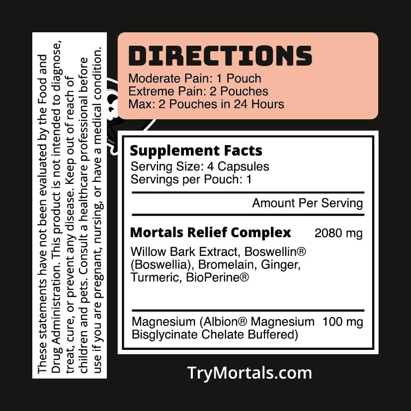 Mortals Pain Purge Daily Comfort Capsules — 7-Ingredient Botanical Blend with Turmeric, Boswellia, Willow Bark & Ginger — Vegan, cGMP, Made in USA (15 Pouches) - TrustMedUSA