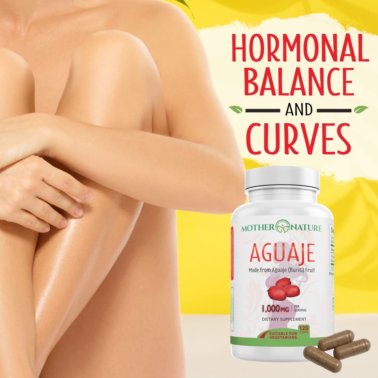 Mother Nature Aguaje Curves Capsules for Women, 1000mg (120ct), Natural & Sustainably Sourced Aguaje Fruit from Peru for Female Health, Hormone Balance, Curve Enhancer, Vegan, Non-GMO & Gluten-Free - TrustMedUSA