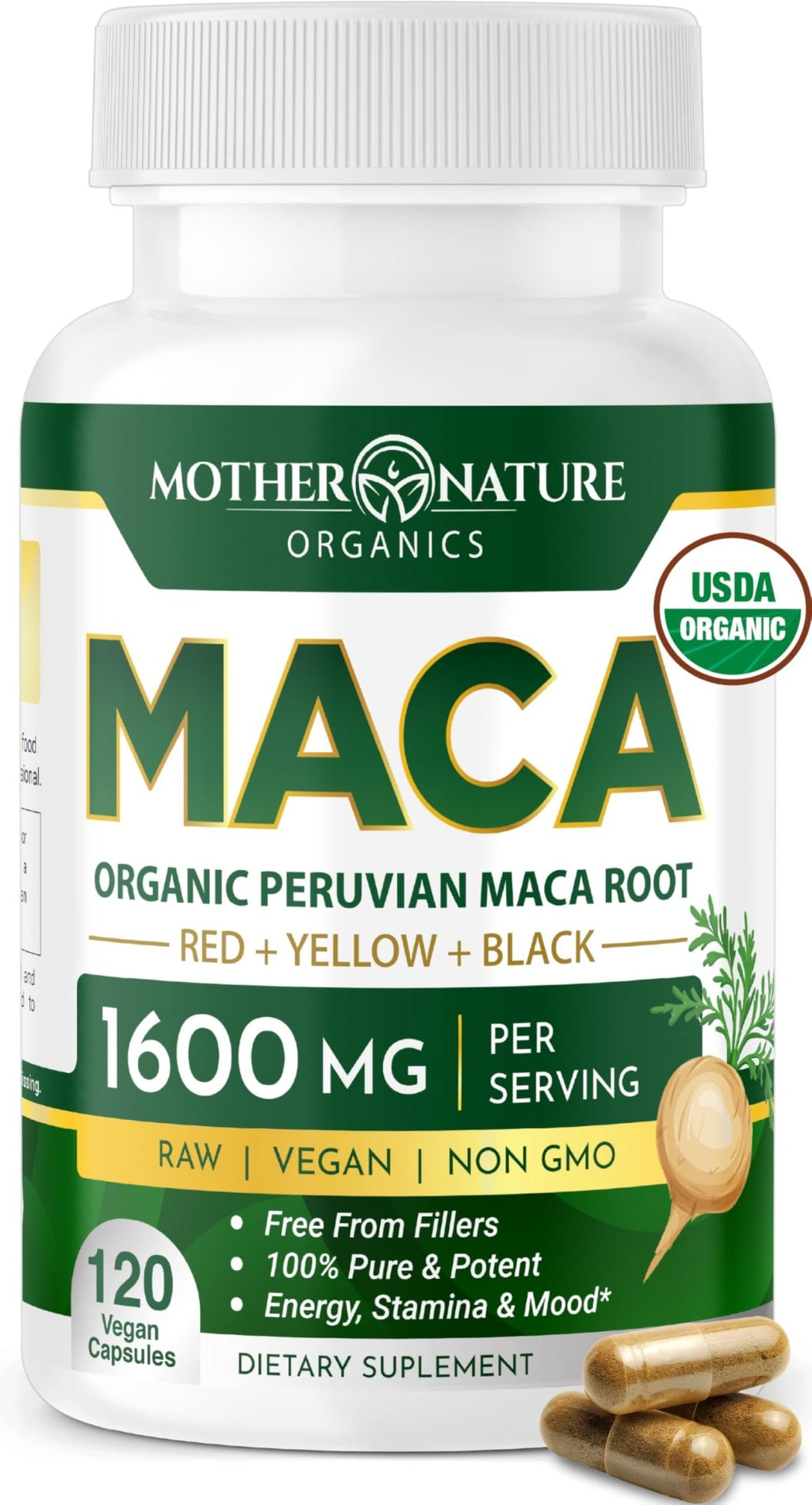 Mother Nature Organic Maca Root Capsules – 1600mg, 120 Vegan Capsules – Non GMO Peruvian Yellow, Red & Black Maca for Men & Women - Energy, Hormone, Brain & Weight Well-Being - TrustMedUSA