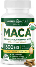 Mother Nature Organic Maca Root Capsules – 1600mg, 120 Vegan Capsules – Non GMO Peruvian Yellow, Red & Black Maca for Men & Women - Energy, Hormone, Brain & Weight Well-Being - TrustMedUSA