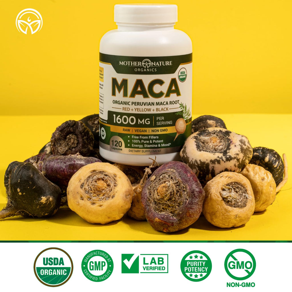 Mother Nature Organic Maca Root Capsules – 1600mg, 120 Vegan Capsules – Non GMO Peruvian Yellow, Red & Black Maca for Men & Women - Energy, Hormone, Brain & Weight Well-Being - TrustMedUSA