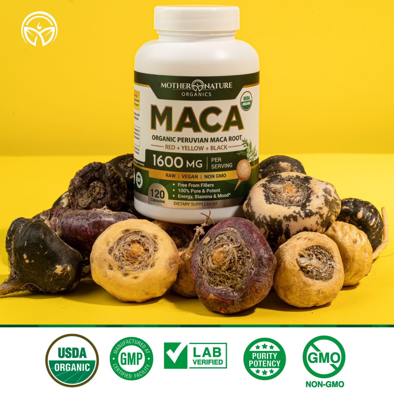 Mother Nature Organic Maca Root Capsules – 1600mg, 120 Vegan Capsules – Non GMO Peruvian Yellow, Red & Black Maca for Men & Women - Energy, Hormone, Brain & Weight Well-Being - TrustMedUSA