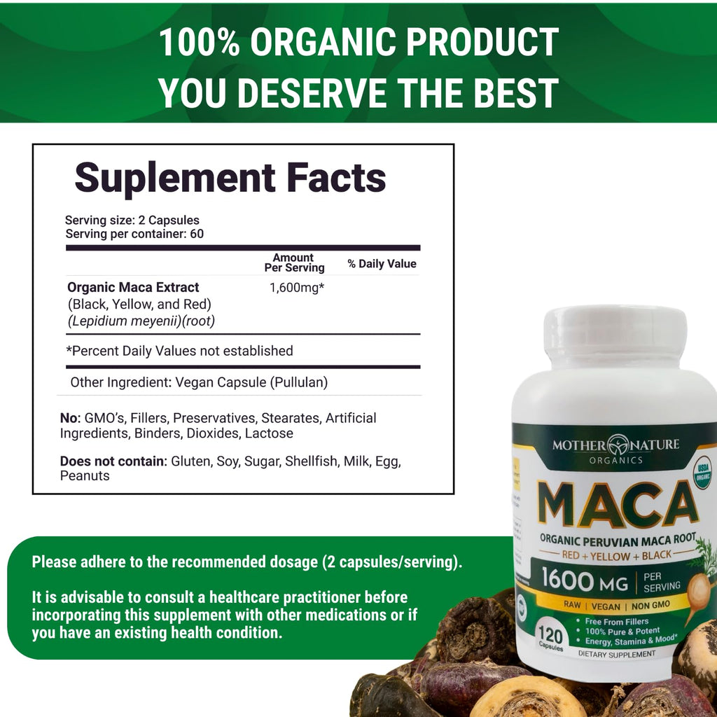 Mother Nature Organic Maca Root Capsules – 1600mg, 120 Vegan Capsules – Non GMO Peruvian Yellow, Red & Black Maca for Men & Women - Energy, Hormone, Brain & Weight Well-Being - TrustMedUSA