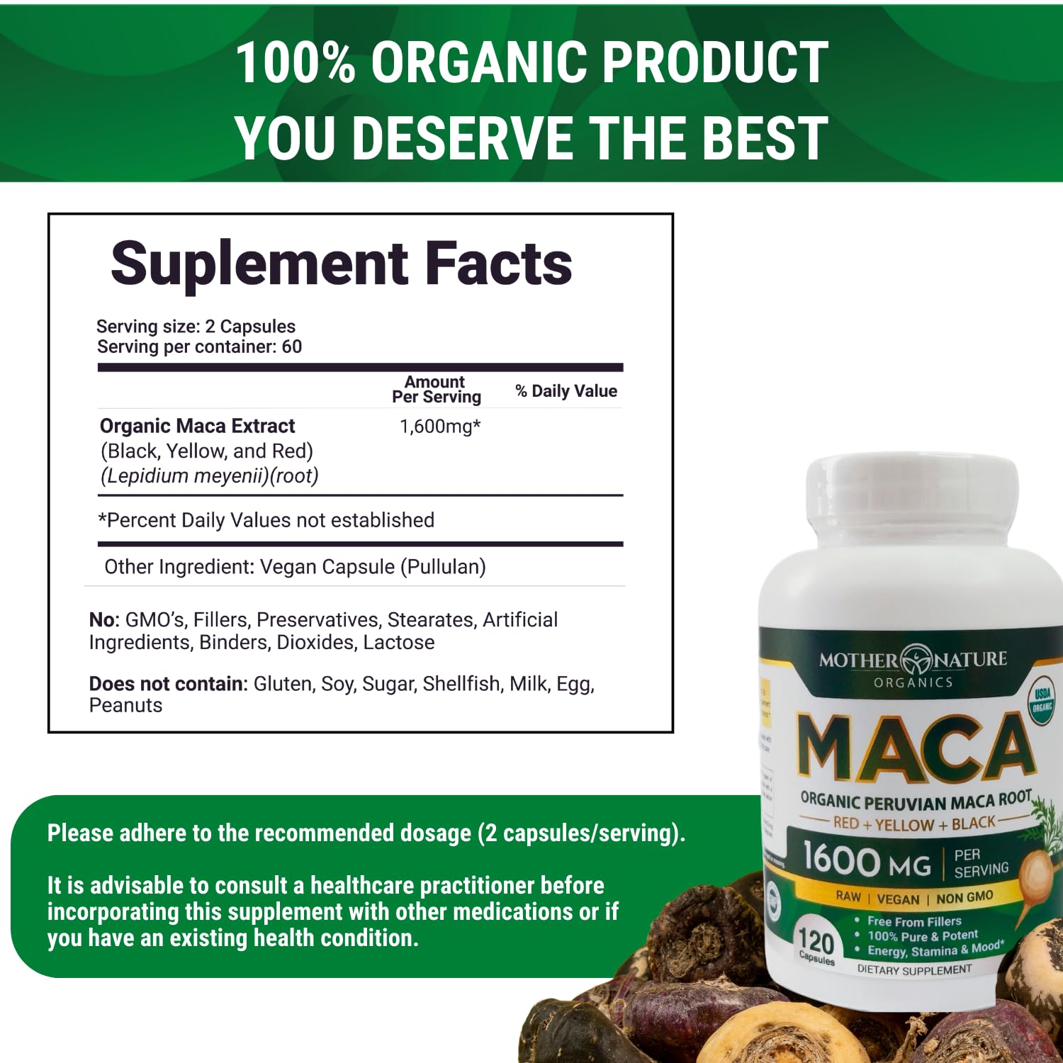 Mother Nature Organic Maca Root Capsules – 1600mg, 120 Vegan Capsules – Non GMO Peruvian Yellow, Red & Black Maca for Men & Women - Energy, Hormone, Brain & Weight Well-Being - TrustMedUSA