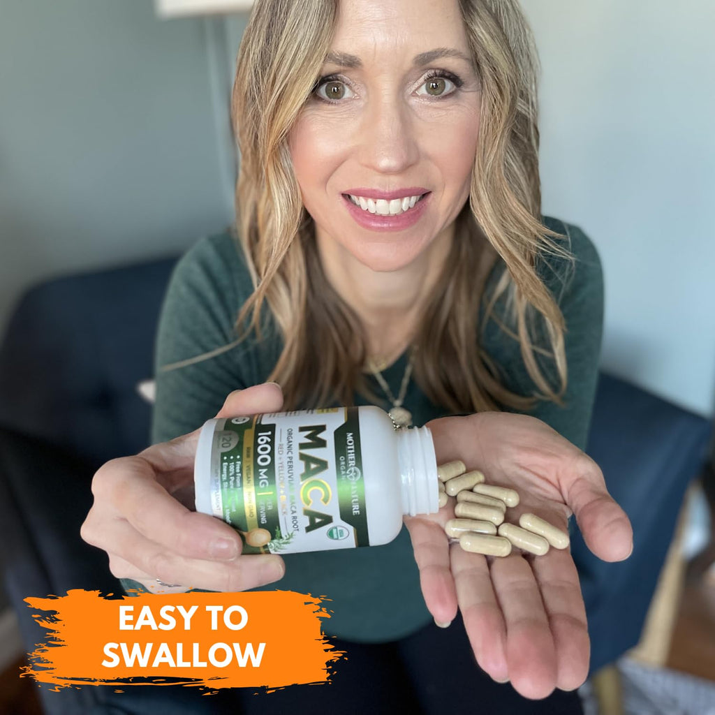 Mother Nature Organic Maca Root Capsules – 1600mg, 120 Vegan Capsules – Non GMO Peruvian Yellow, Red & Black Maca for Men & Women - Energy, Hormone, Brain & Weight Well-Being - TrustMedUSA