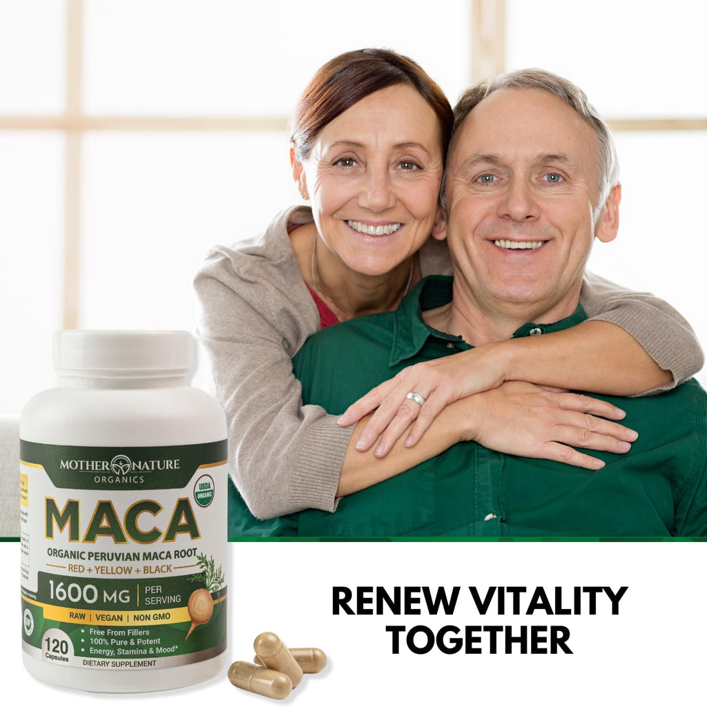 Mother Nature Organic Maca Root Capsules – 1600mg, 120 Vegan Capsules – Non GMO Peruvian Yellow, Red & Black Maca for Men & Women - Energy, Hormone, Brain & Weight Well-Being - TrustMedUSA
