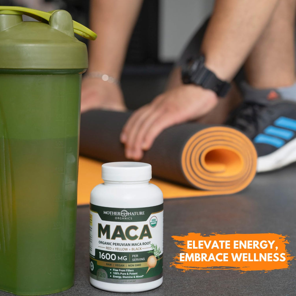 Mother Nature Organic Maca Root Capsules – 1600mg, 120 Vegan Capsules – Non GMO Peruvian Yellow, Red & Black Maca for Men & Women - Energy, Hormone, Brain & Weight Well-Being - TrustMedUSA