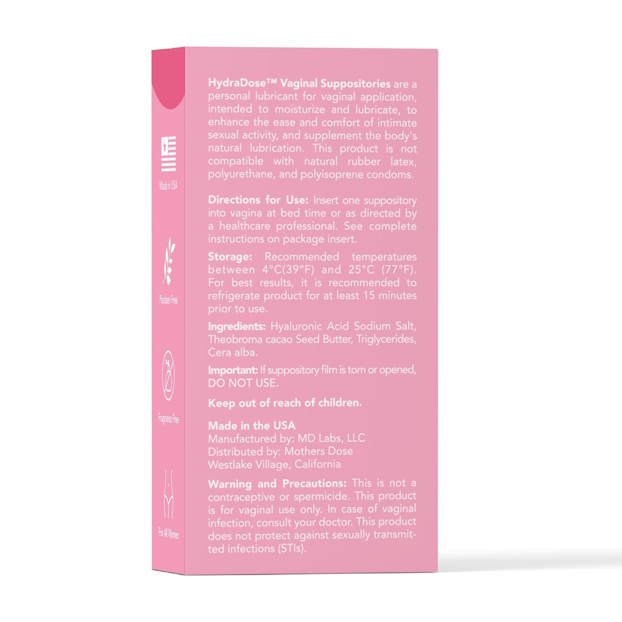 Mother's Dose Hyaluronic Acid Suppository HydraDose- Hormone Free Moisturizer for Vaginal Dryness-USA Made in an FDA Registered Facility, 1 Month Supply- 10 Inserts - Maple Wellness Supplements