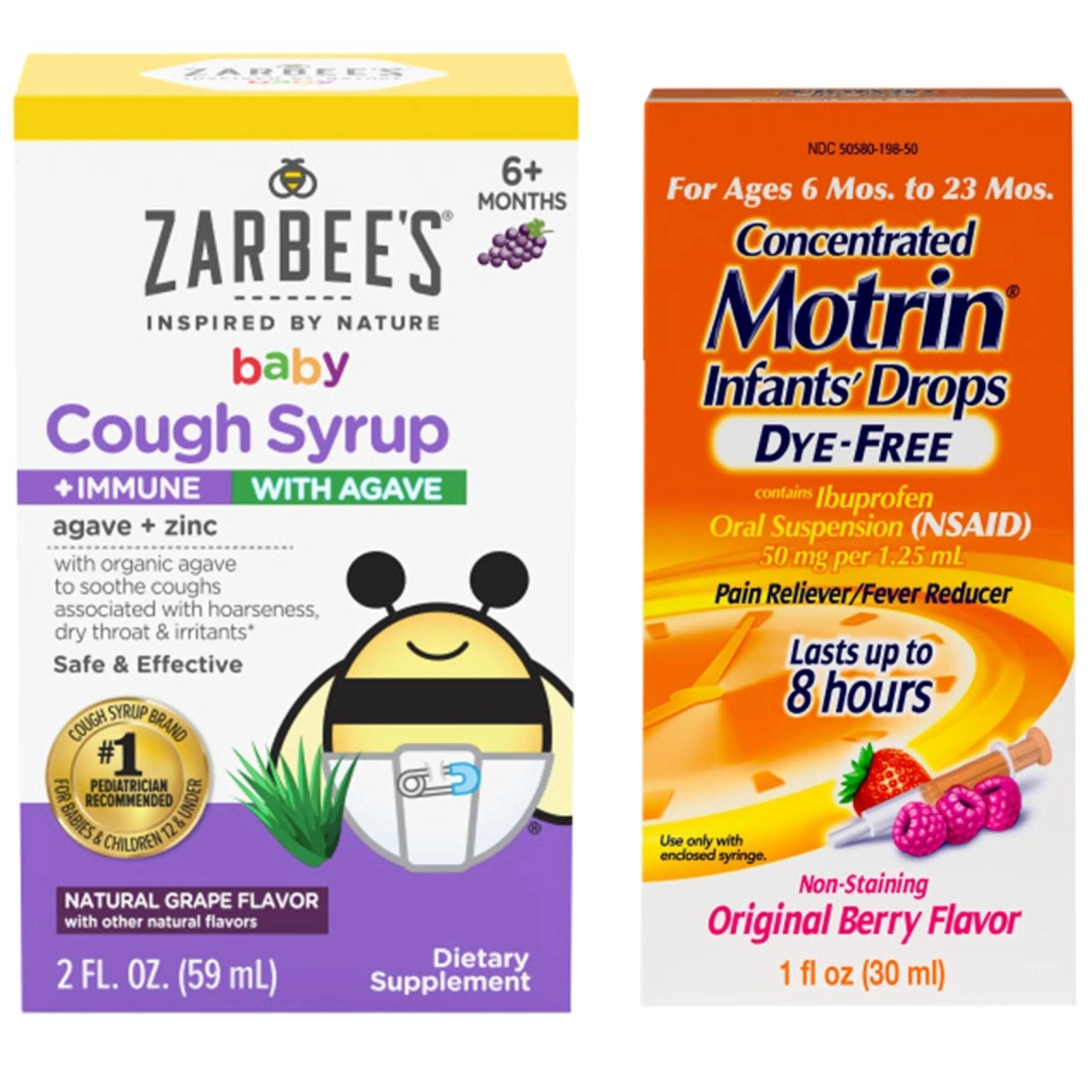 Motrin and Zarbee’s Essentials for Infants Infants' Concentrated Liquid Medicine Drops with Ibuprofen and Zarbee's Baby Coughⱡ Syrup + Immune with Organic Agave + Zinc - TrustMedUSA