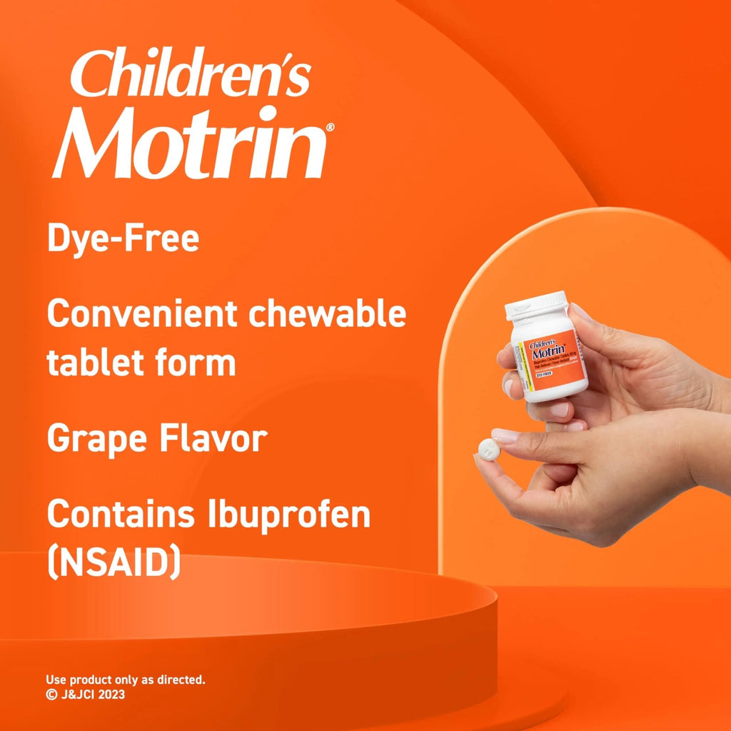 Motrin Children's Dye-Free Chewable Tablets with Ibuprofen, Kids' Fever Reducer & Pain Reliever for Sore Throat, Fever, Toothache & Pain Relief, Grape Flavor, 24 Count (Pack of 2) - TrustMedUSA