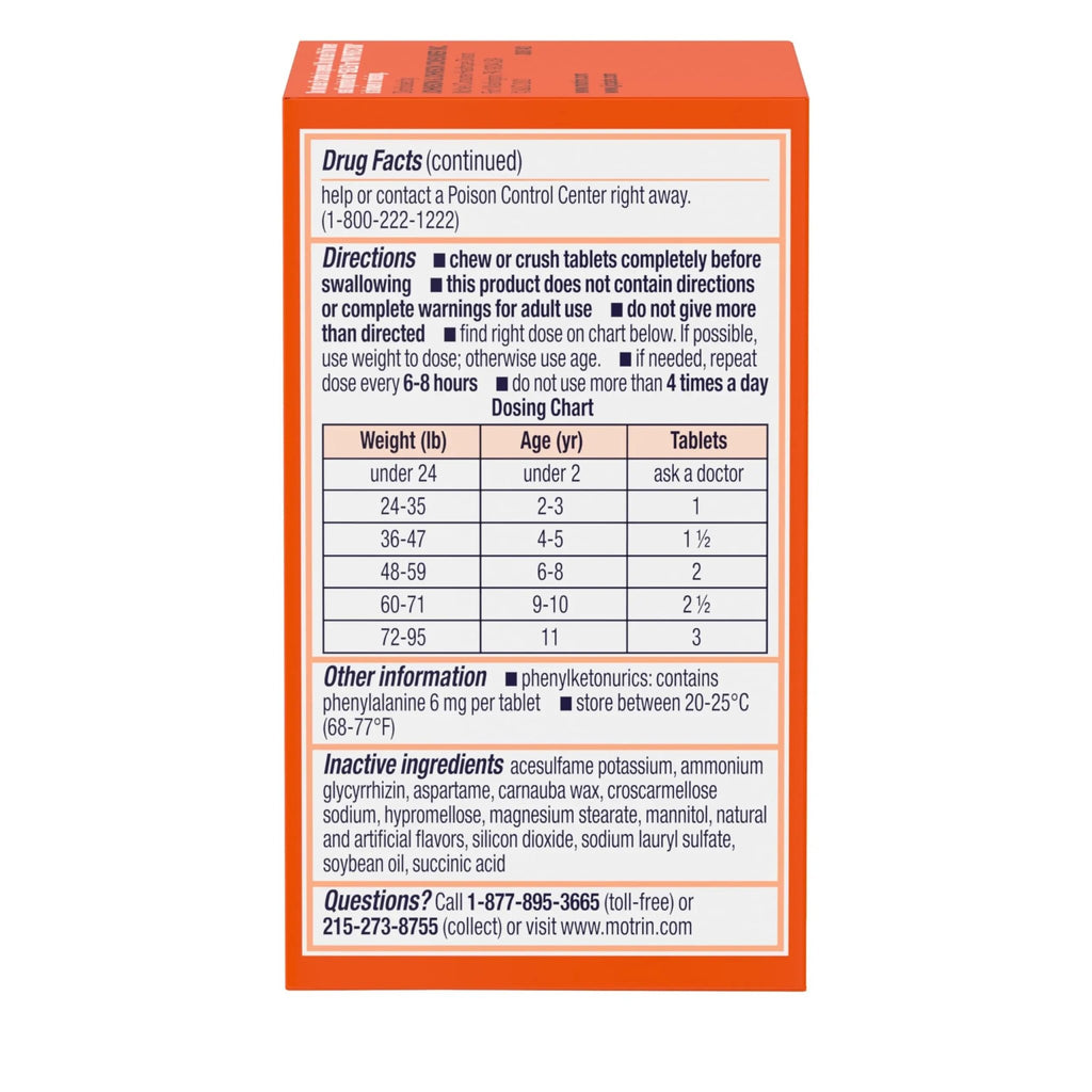 Motrin Children's Dye-Free Chewable Tablets with Ibuprofen, Kids' Fever Reducer & Pain Reliever for Sore Throat, Fever, Toothache & Pain Relief, Grape Flavor, 24 Count (Pack of 2) - TrustMedUSA