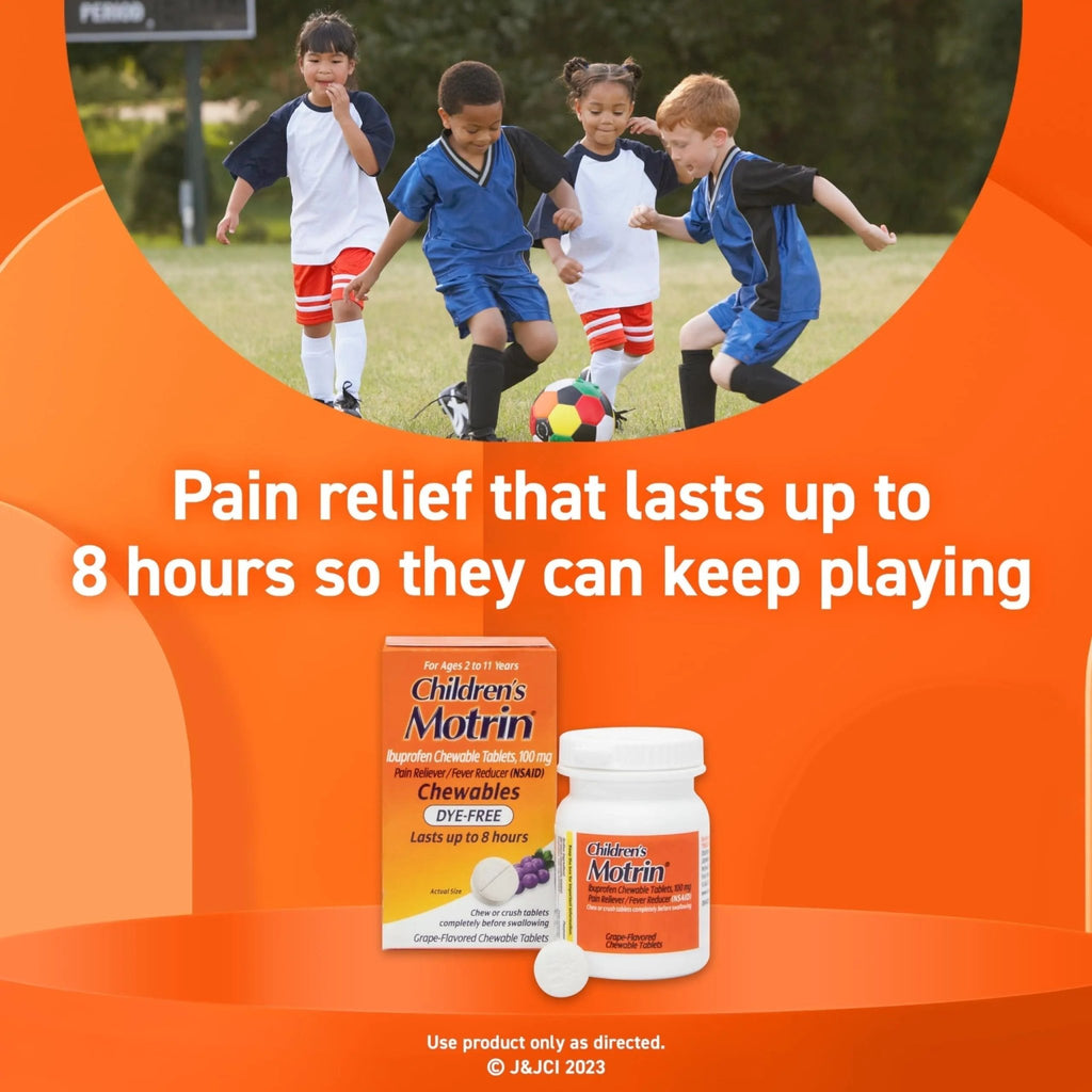 Motrin Children's Dye-Free Chewable Tablets with Ibuprofen, Kids' Fever Reducer & Pain Reliever for Sore Throat, Fever, Toothache & Pain Relief, Grape Flavor, 24 Count (Pack of 2) - TrustMedUSA