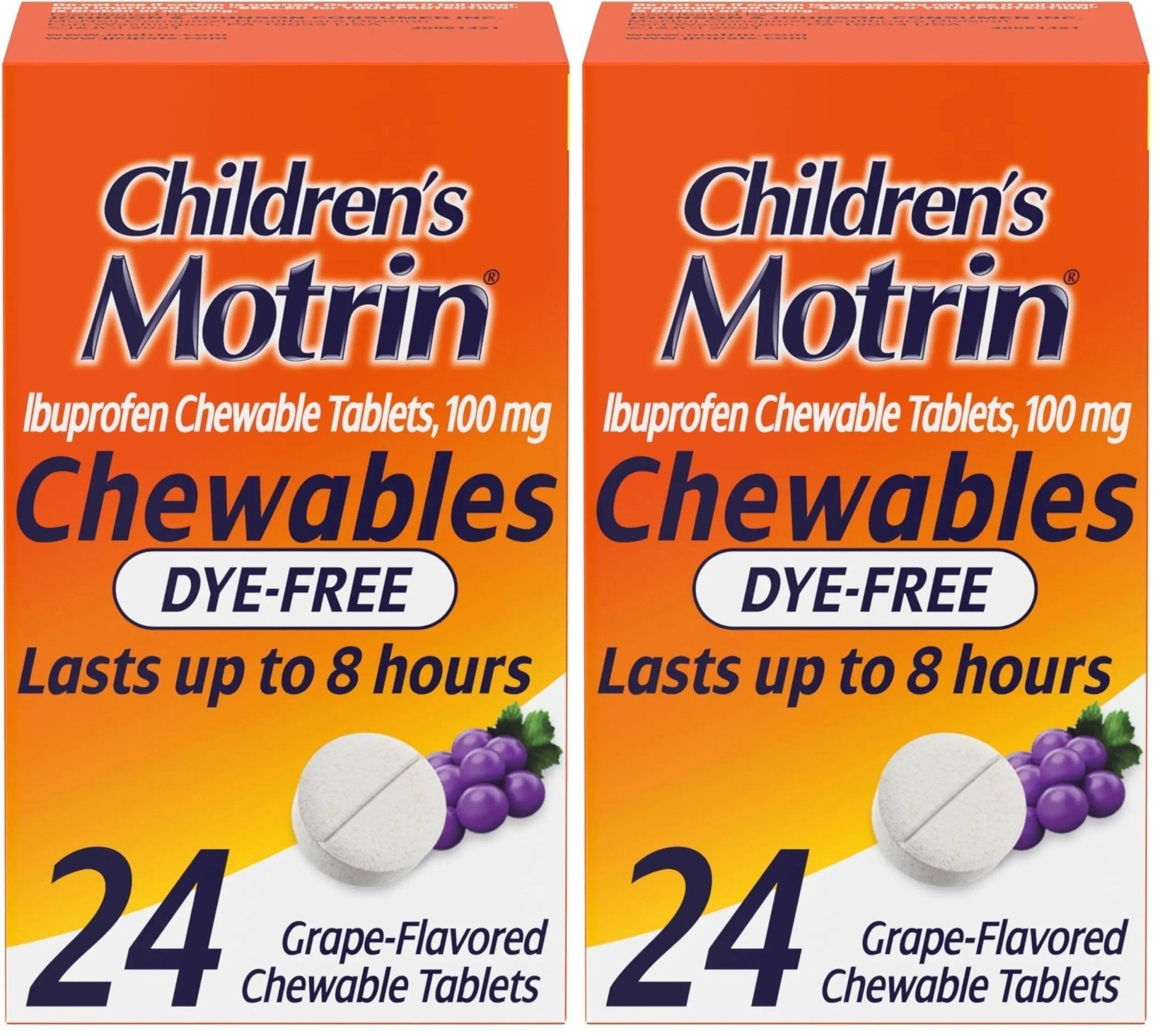Motrin Children's Dye-Free Chewable Tablets with Ibuprofen, Kids' Fever Reducer & Pain Reliever for Sore Throat, Fever, Toothache & Pain Relief, Grape Flavor, 24 Count (Pack of 2) - TrustMedUSA