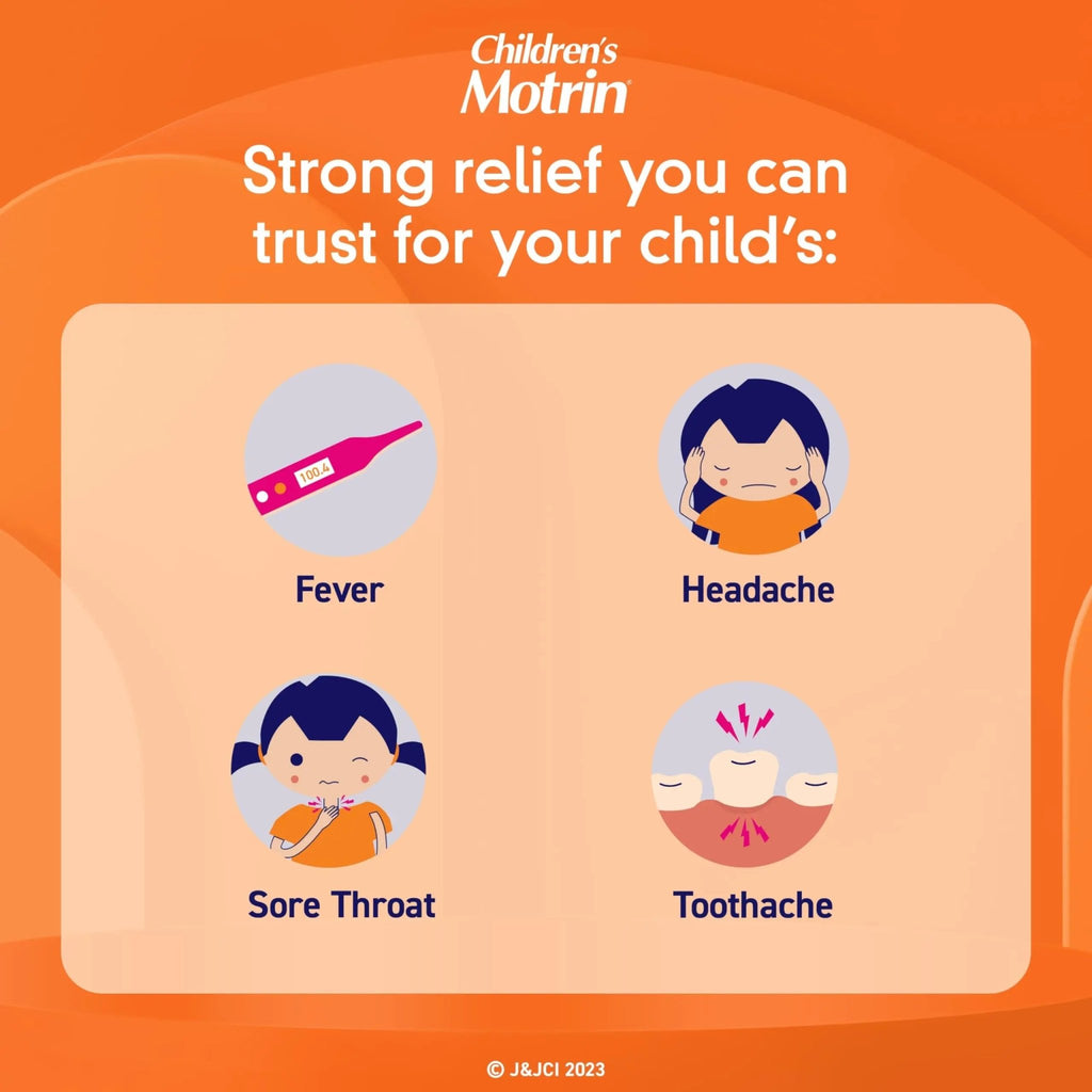 Motrin Children's Dye-Free Chewable Tablets with Ibuprofen, Kids' Fever Reducer & Pain Reliever for Sore Throat, Fever, Toothache & Pain Relief, Grape Flavor, 24 Ct - TrustMedUSA