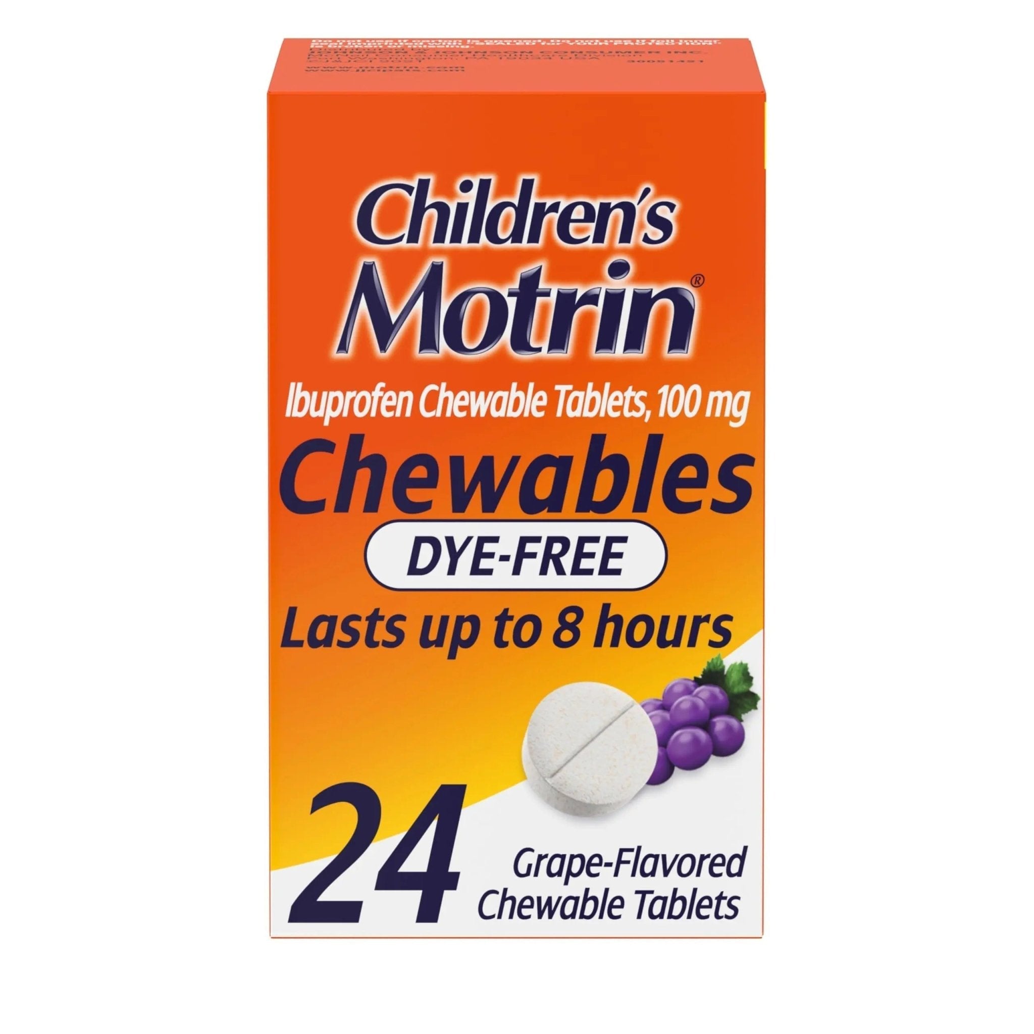 Motrin Children's Dye-Free Chewable Tablets with Ibuprofen, Kids' Fever Reducer & Pain Reliever for Sore Throat, Fever, Toothache & Pain Relief, Grape Flavor, 24 Ct - TrustMedUSA