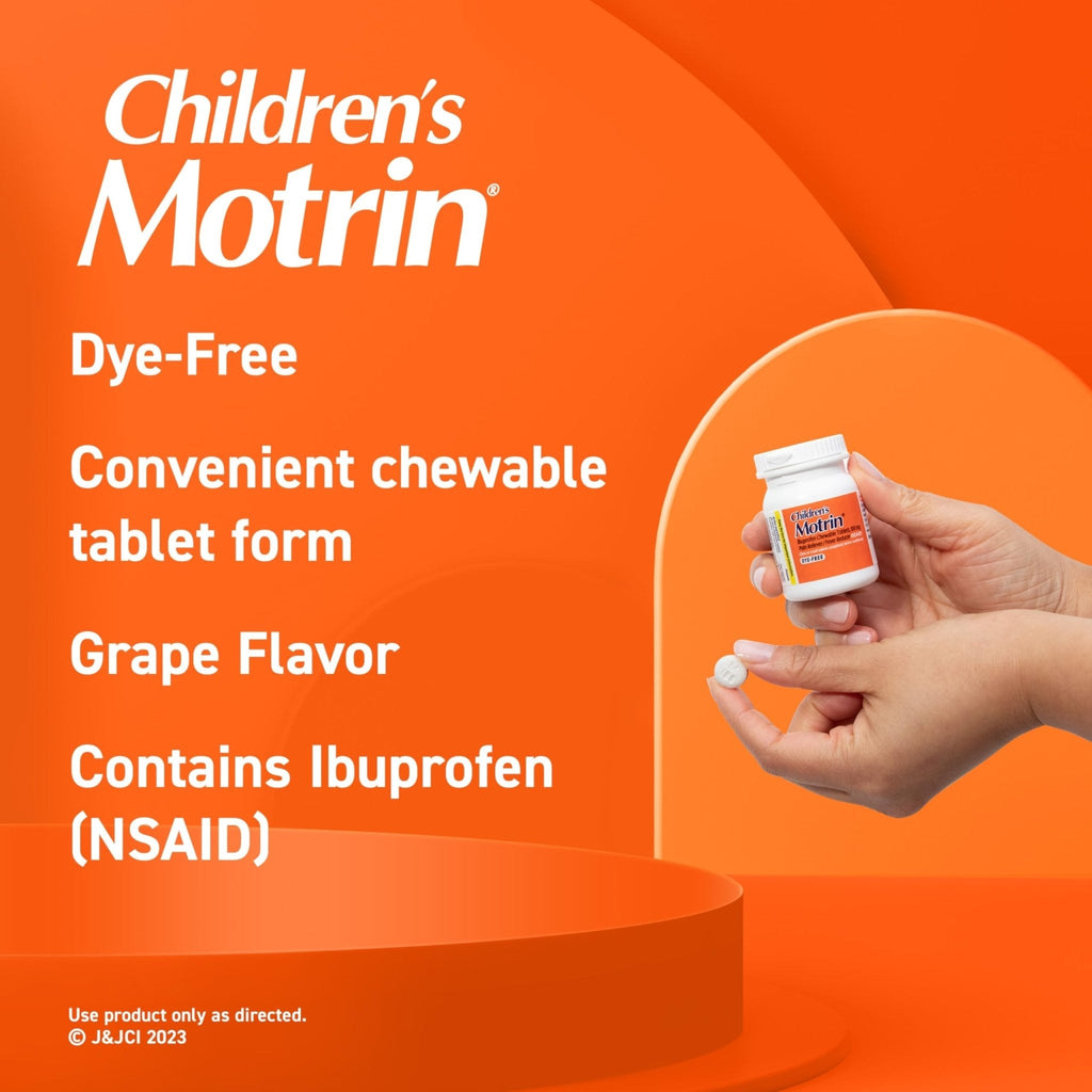 Motrin Children's Dye-Free Chewable Tablets with Ibuprofen, Kids' Fever Reducer & Pain Reliever for Sore Throat, Fever, Toothache & Pain Relief, Grape Flavor, 24 Ct - Maple Wellness Supplements