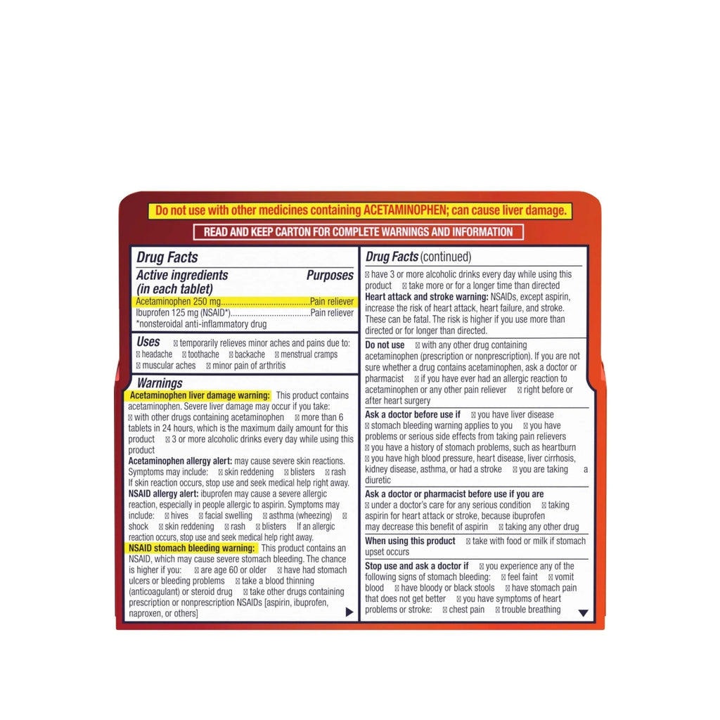 Motrin Dual Action with Tylenol, Fast-Acting Dual Action Pain Reliever with Ibuprofen & Acetaminophen for Minor Aches & Pains, Ibuprofen (NSAID) 125 mg & Acetaminophen 250 mg, 80 ct - TrustMedUSA