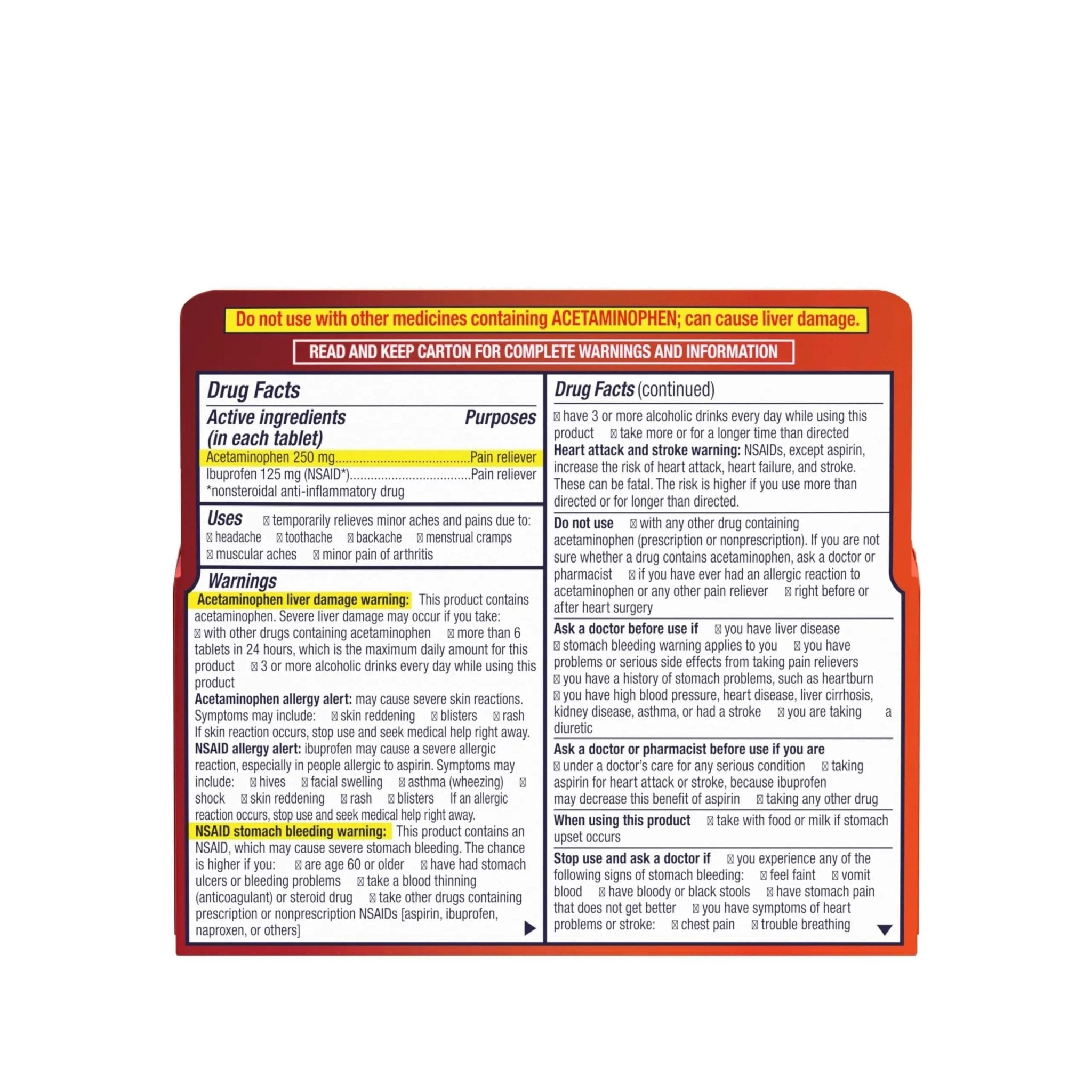 Motrin Dual Action with Tylenol, Fast-Acting Dual Action Pain Reliever with Ibuprofen & Acetaminophen for Minor Aches & Pains, Ibuprofen (NSAID) 125 mg & Acetaminophen 250 mg, 80 ct - TrustMedUSA