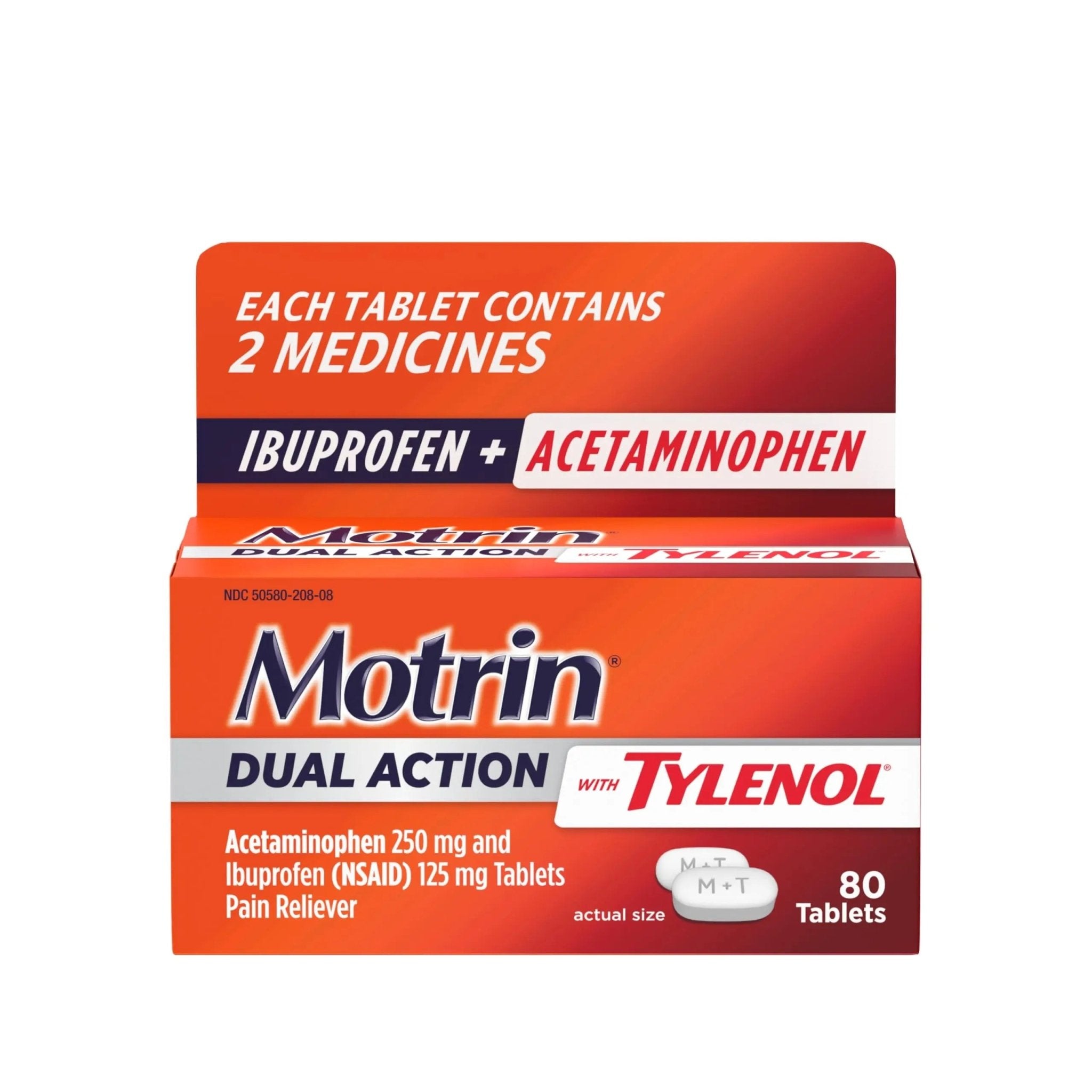 Motrin Dual Action with Tylenol, Fast-Acting Dual Action Pain Reliever with Ibuprofen & Acetaminophen for Minor Aches & Pains, Ibuprofen (NSAID) 125 mg & Acetaminophen 250 mg, 80 ct - TrustMedUSA