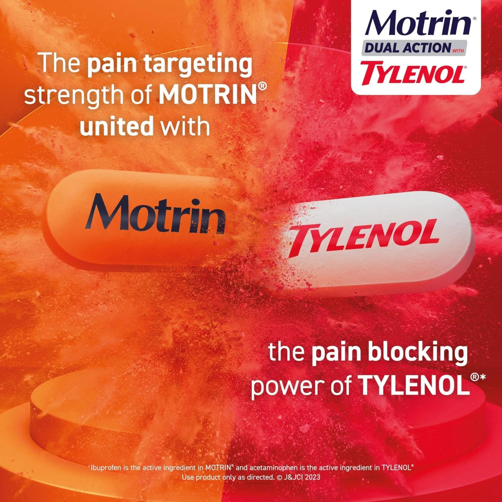 Motrin Dual Action with Tylenol, Fast-Acting Dual Action Pain Reliever with Ibuprofen & Acetaminophen for Minor Aches & Pains, Ibuprofen (NSAID) 125 mg & Acetaminophen 250 mg, 80 ct - TrustMedUSA