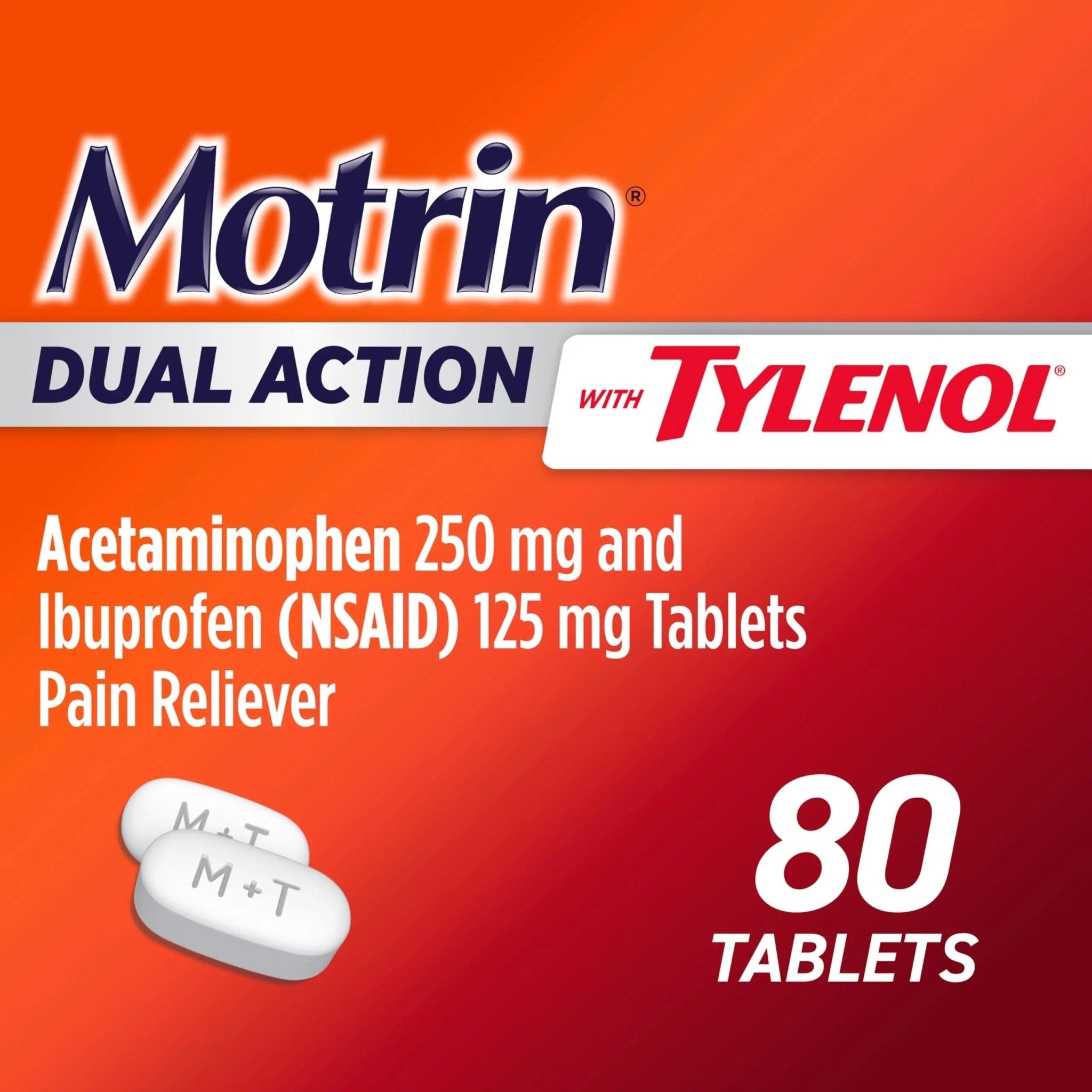Motrin Dual Action with Tylenol, Fast-Acting Dual Action Pain Reliever with Ibuprofen & Acetaminophen for Minor Aches & Pains, Ibuprofen (NSAID) 125 mg & Acetaminophen 250 mg, 80 ct - TrustMedUSA