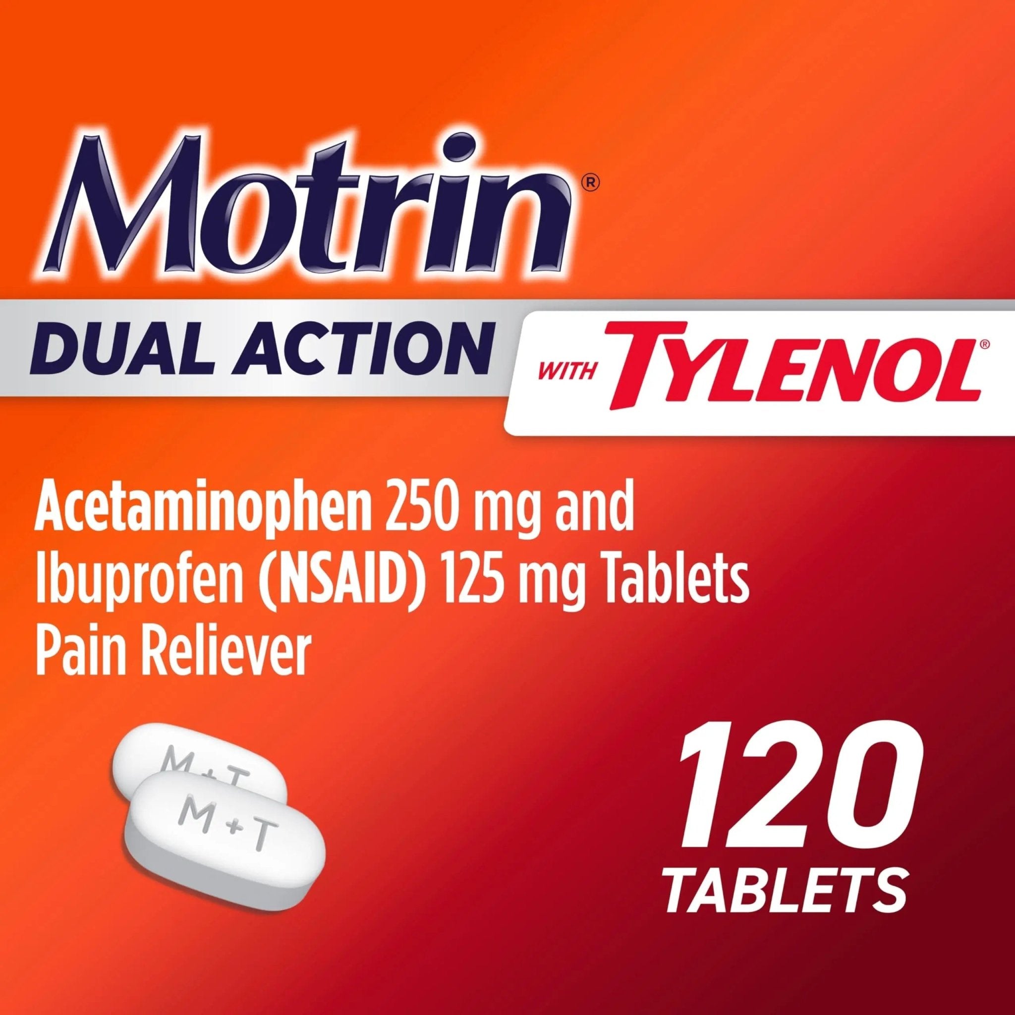 Motrin Dual Action with Tylenol, Ibuprofen & Acetaminophen Fast-Acting Dual Action Pain Reliever for Minor Aches & Pains, Ibuprofen (NSAID) 125 mg & Acetaminophen 250 mg, 120 ct - TrustMedUSA