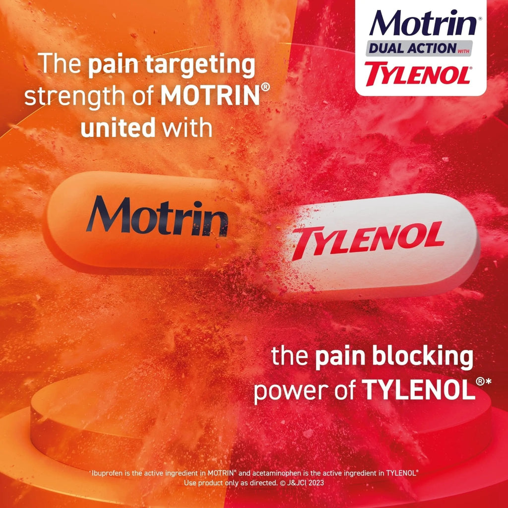 Motrin Dual Action with Tylenol, Ibuprofen & Acetaminophen Fast-Acting Dual Action Pain Reliever for Minor Aches & Pains, Ibuprofen (NSAID) 125 mg & Acetaminophen 250 mg, 120 ct - TrustMedUSA