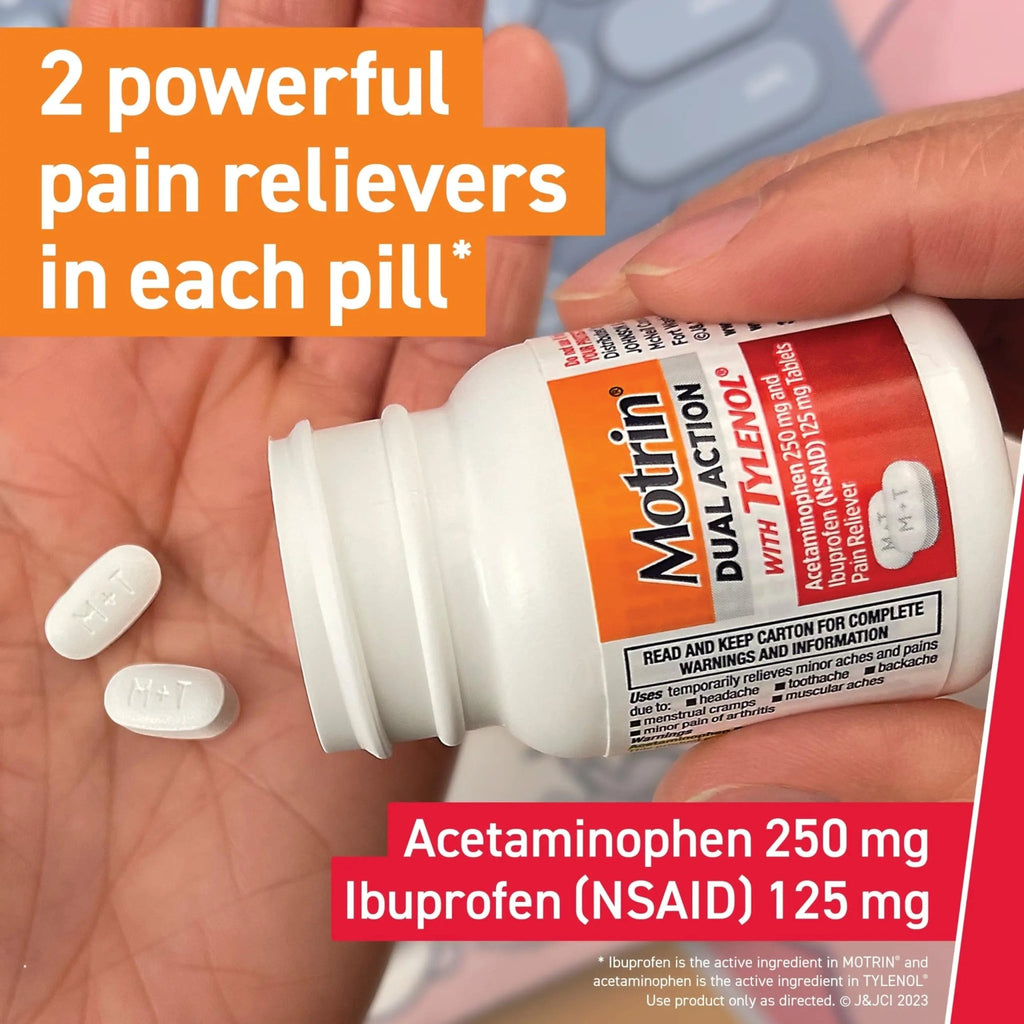 Motrin Dual Action with Tylenol, Ibuprofen & Acetaminophen Fast-Acting Dual Action Pain Reliever for Minor Aches & Pains, Ibuprofen (NSAID) 125 mg & Acetaminophen 250 mg, 120 ct - TrustMedUSA