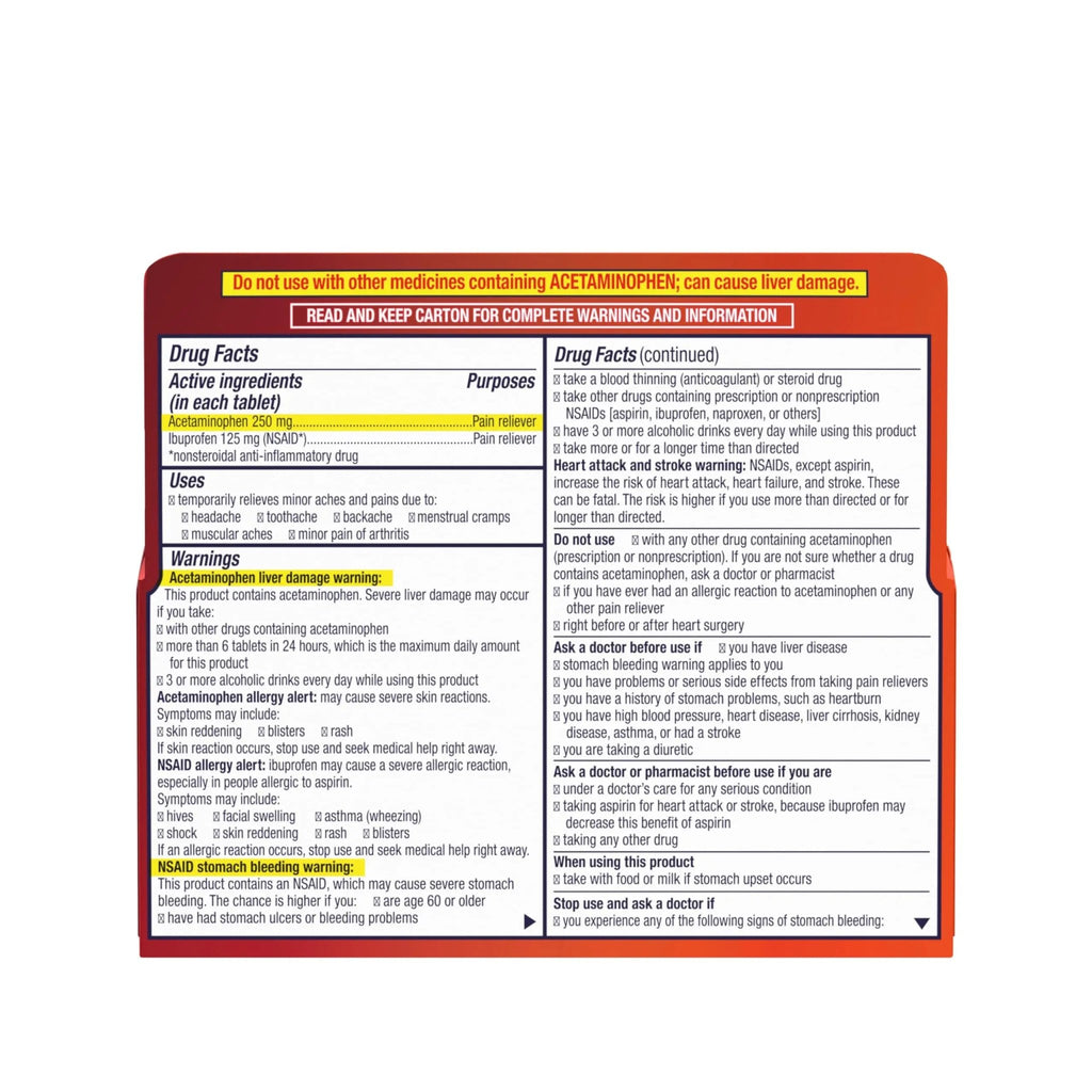 Motrin Dual Action with Tylenol, Ibuprofen & Acetaminophen Fast-Acting Dual Action Pain Reliever for Minor Aches & Pains, Ibuprofen (NSAID) 125 mg & Acetaminophen 250 mg, 120 ct - TrustMedUSA