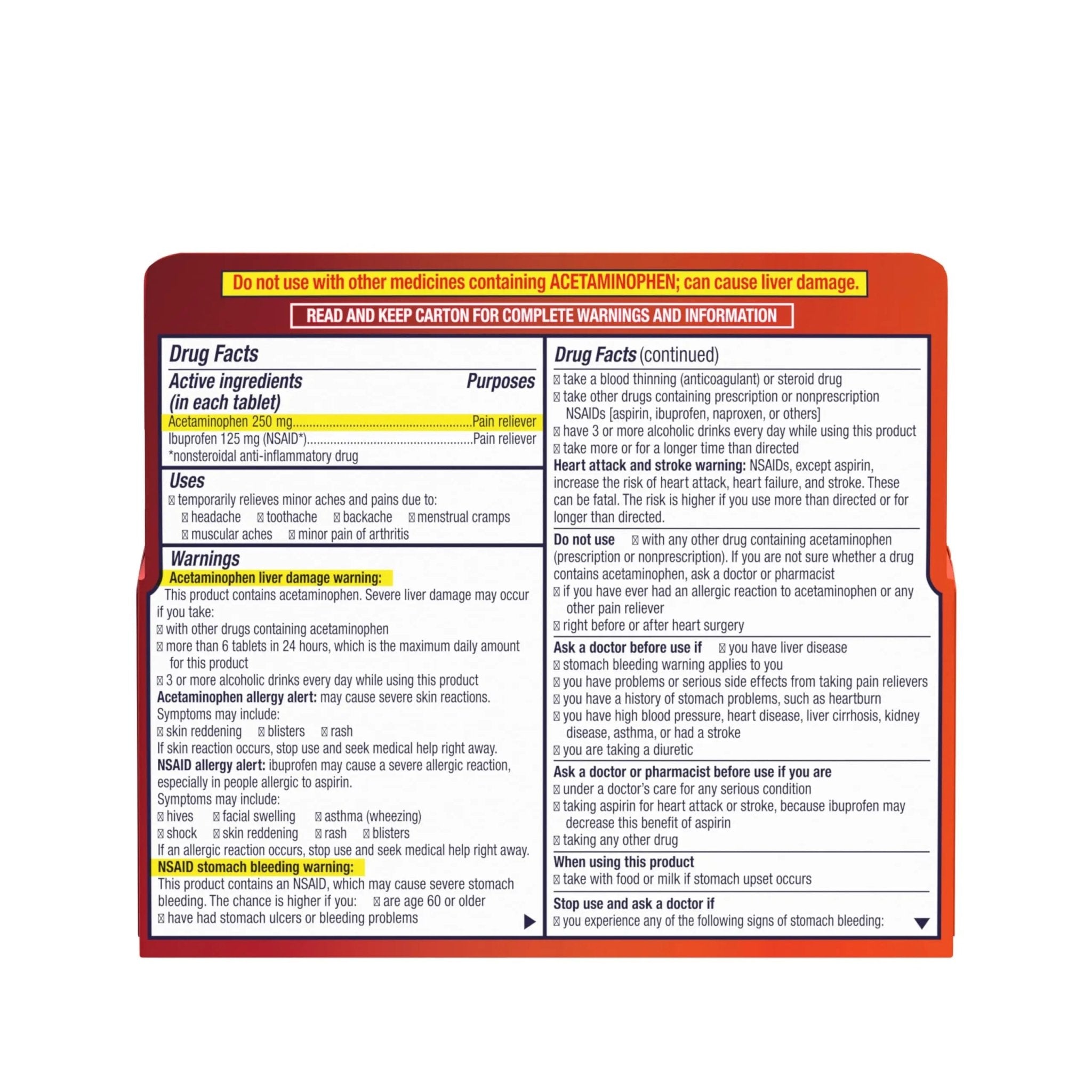 Motrin Dual Action with Tylenol, Ibuprofen & Acetaminophen Fast-Acting Dual Action Pain Reliever for Minor Aches & Pains, Ibuprofen (NSAID) 125 mg & Acetaminophen 250 mg, 120 ct - TrustMedUSA