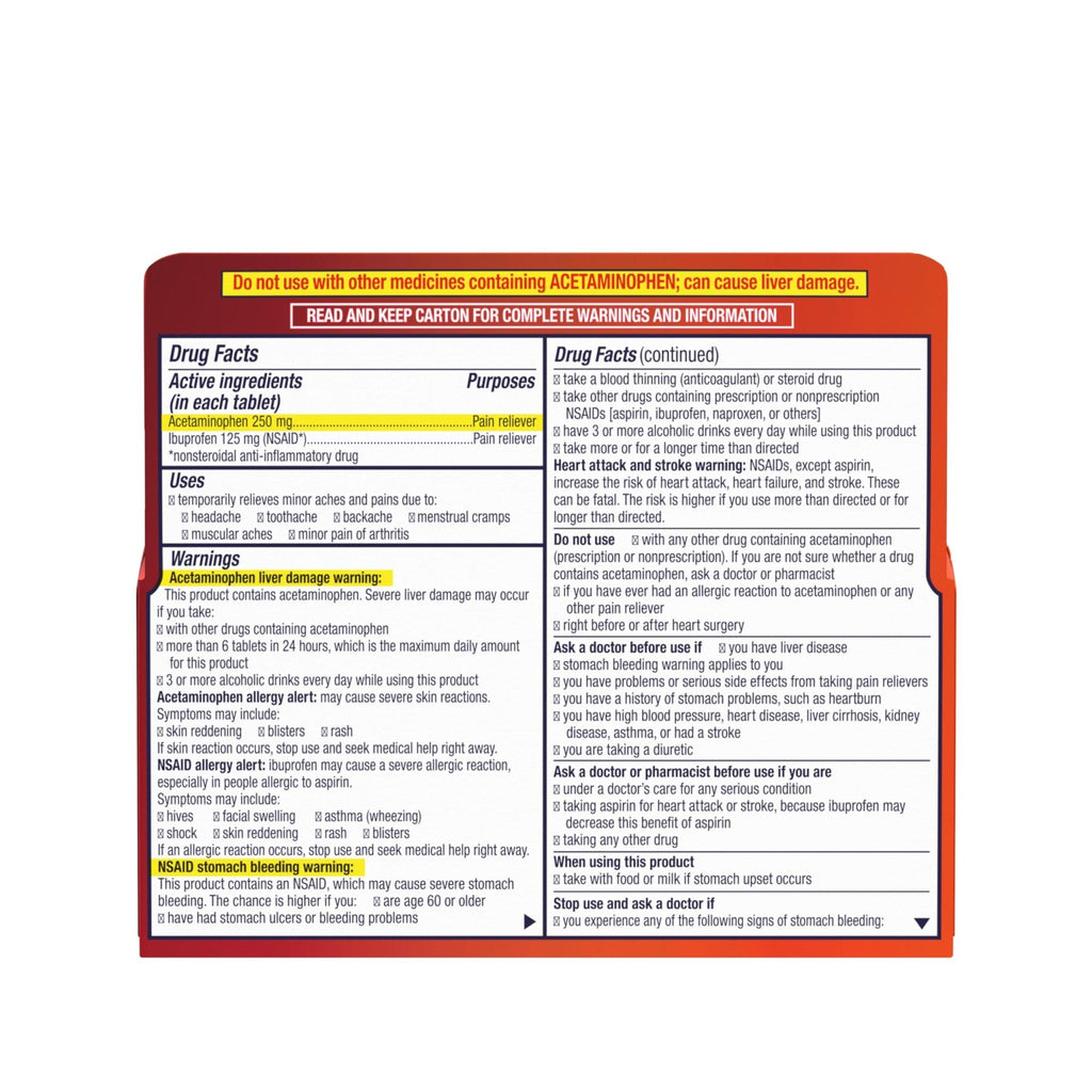 Motrin Dual Action with Tylenol, Ibuprofen & Acetaminophen Fast-Acting, Long Lasting Pain Reliever for Minor Aches & Pains, Ibuprofen (NSAID) 125 mg & Acetaminophen 250 mg, 120 ct - Maple Wellness Supplements