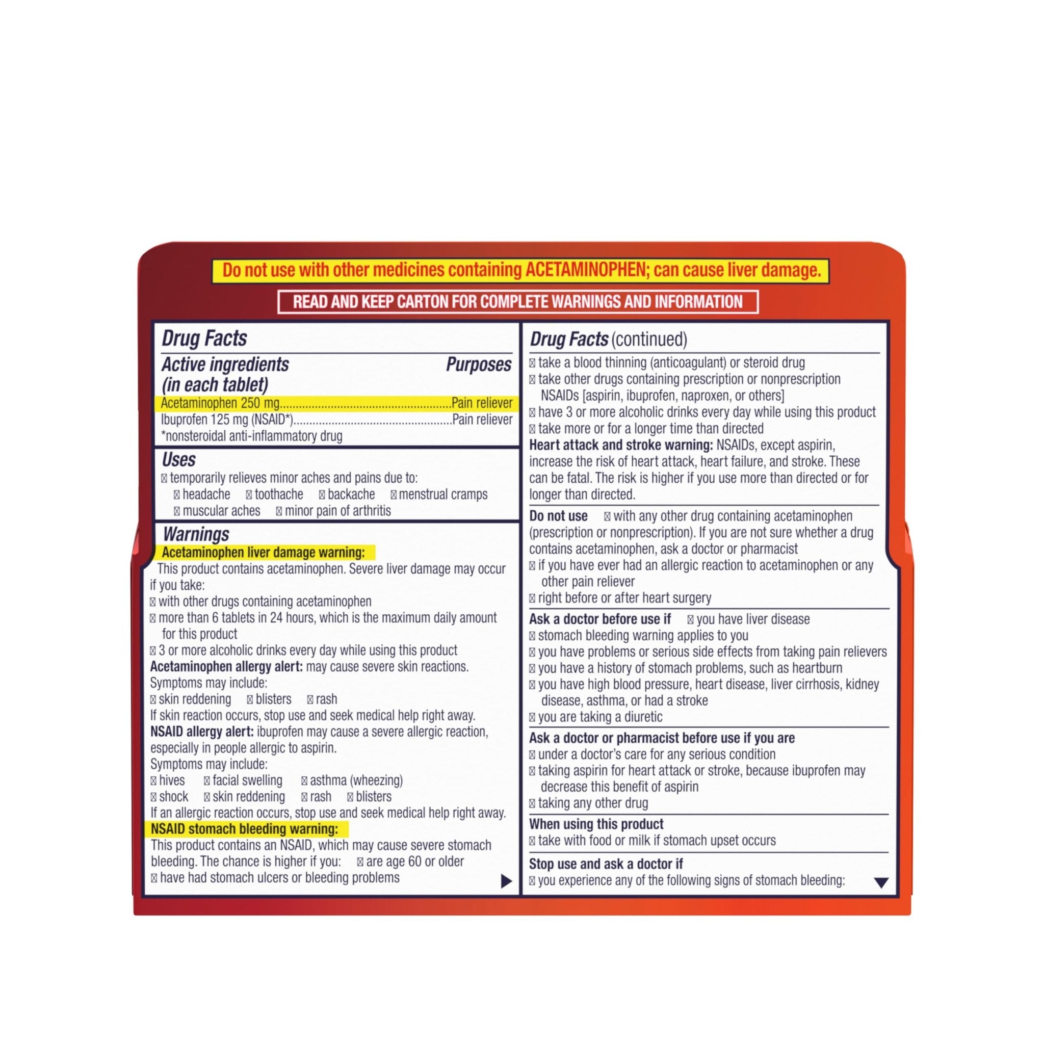 Motrin Dual Action with Tylenol, Ibuprofen & Acetaminophen Fast-Acting, Long Lasting Pain Reliever for Minor Aches & Pains, Ibuprofen (NSAID) 125 mg & Acetaminophen 250 mg, 120 ct - Maple Wellness Supplements