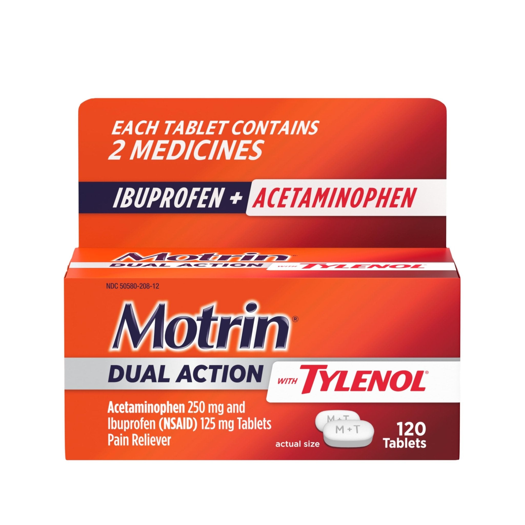 Motrin Dual Action with Tylenol, Ibuprofen & Acetaminophen Fast-Acting, Long Lasting Pain Reliever for Minor Aches & Pains, Ibuprofen (NSAID) 125 mg & Acetaminophen 250 mg, 120 ct - Maple Wellness Supplements