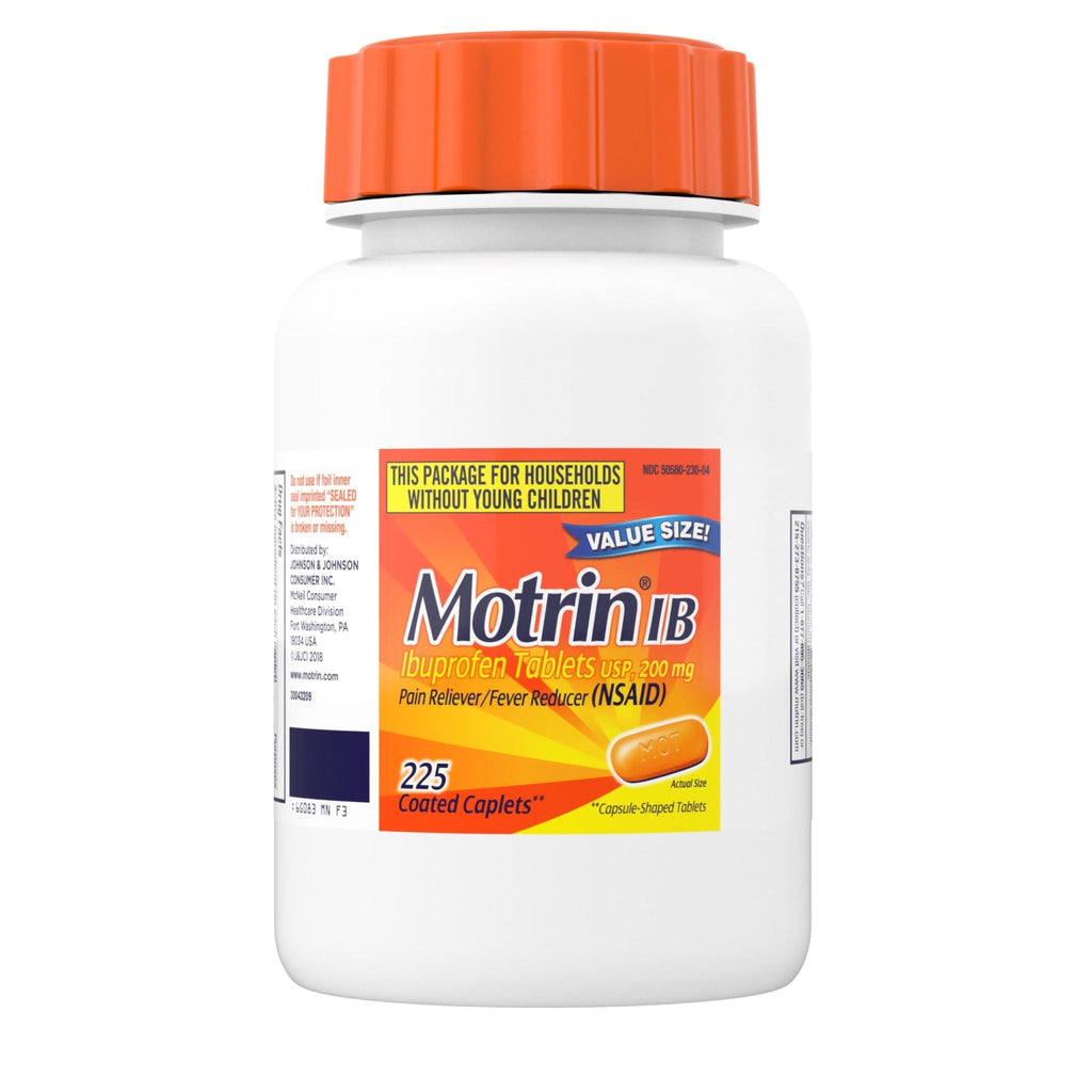 Motrin IB Ibuprofen 200mg Tablets, Ibuprofen Pain & Fever Reliever for Headache, Backache, Muscular Aches, Menstrual Pain & Minor Arthritis Pain, Over-The-Counter NSAID Medicine, 225 ct - Maple Wellness Supplements