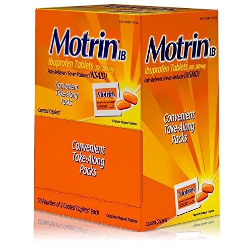 Motrin IB, Ibuprofen 200mg Tablets, NSAID Pain & Fever Reliever for Headache, Backache, Muscular Aches, Arthritis Pain Reliever, 50 Travel Packets of 2, 100 ct - TrustMedUSA
