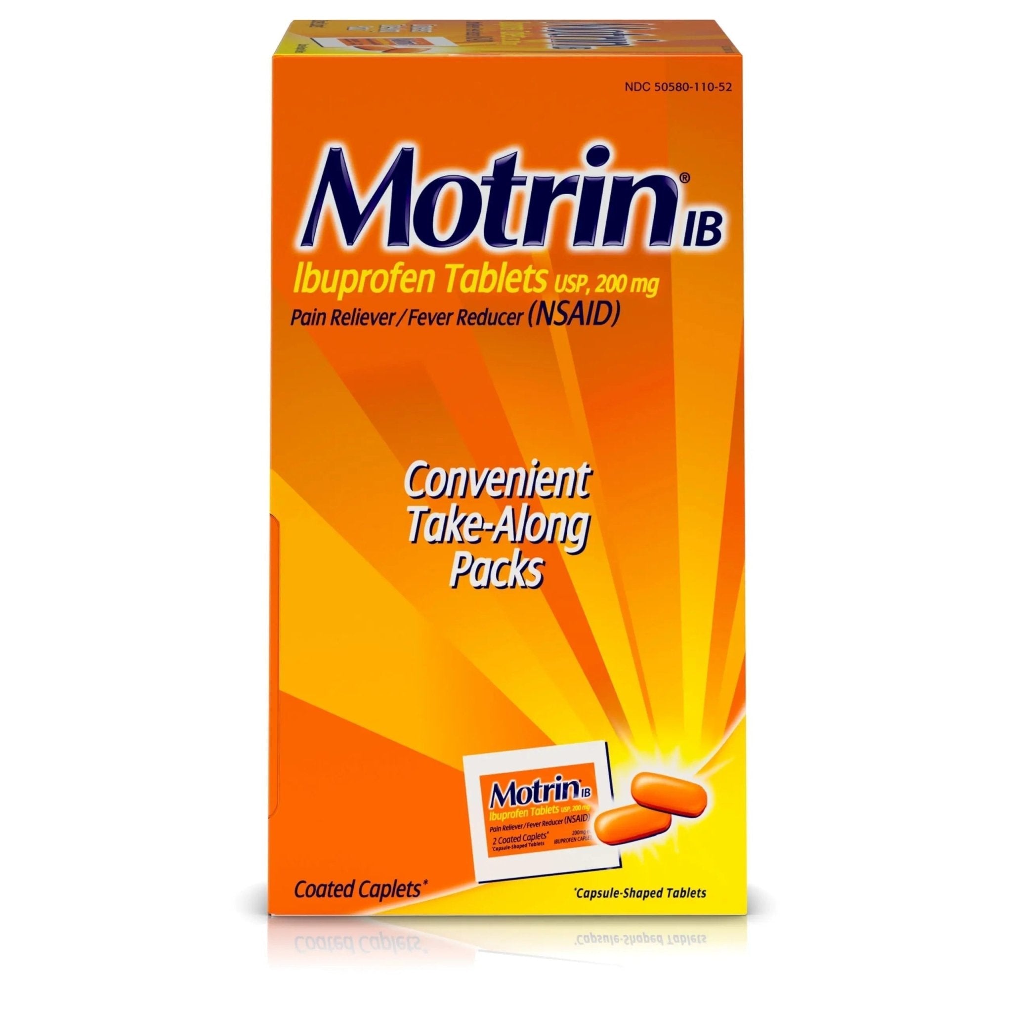 Motrin IB, Ibuprofen 200mg Tablets, NSAID Pain & Fever Reliever for Headache, Backache, Muscular Aches, Arthritis Pain Reliever, 50 Travel Packets of 2, 100 ct - TrustMedUSA