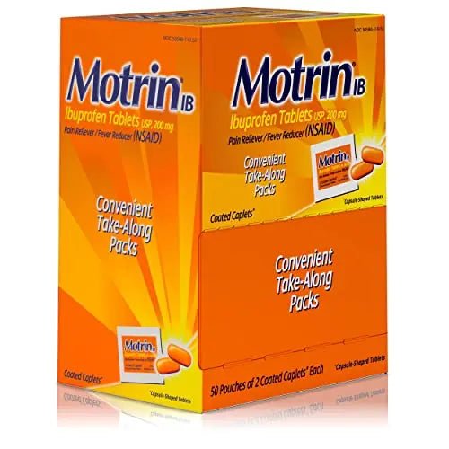 Motrin IB, Ibuprofen 200mg Tablets, NSAID Pain & Fever Reliever for Headache, Backache, Muscular Aches, Arthritis Pain Reliever, 50 Travel Packets of 2, 100 ct - TrustMedUSA