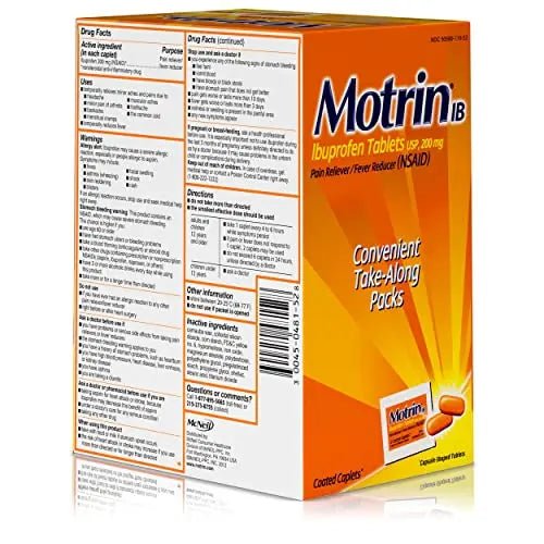 Motrin IB, Ibuprofen 200mg Tablets, NSAID Pain & Fever Reliever for Headache, Backache, Muscular Aches, Arthritis Pain Reliever, 50 Travel Packets of 2, 100 ct - TrustMedUSA