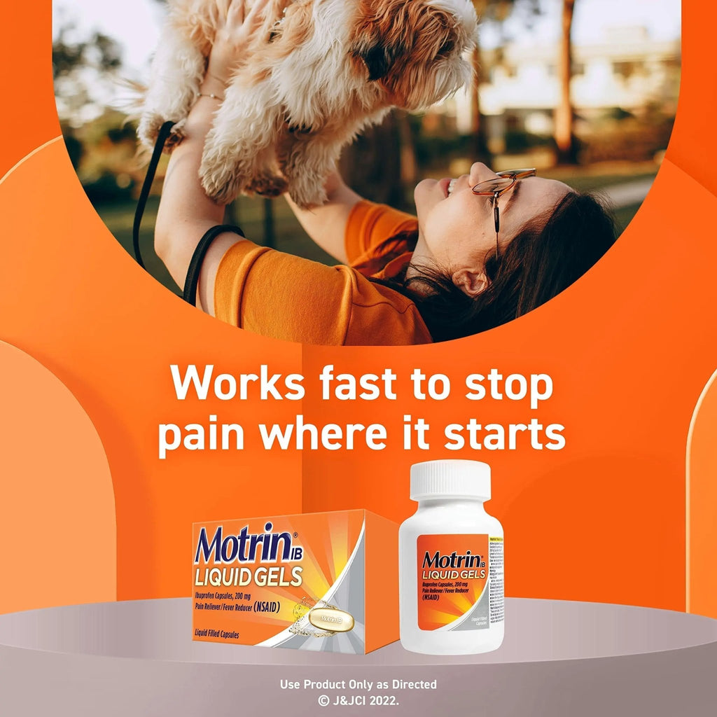 Motrin IB Liquid Gels with 200mg Ibuprofen per Caplet, Pain Reliever & Fever Reducer for Adults, Relief from Minor Arthritis Pain, Muscle Aches, Headache, Menstrual Cramps & Backache, 120 ct - TrustMedUSA