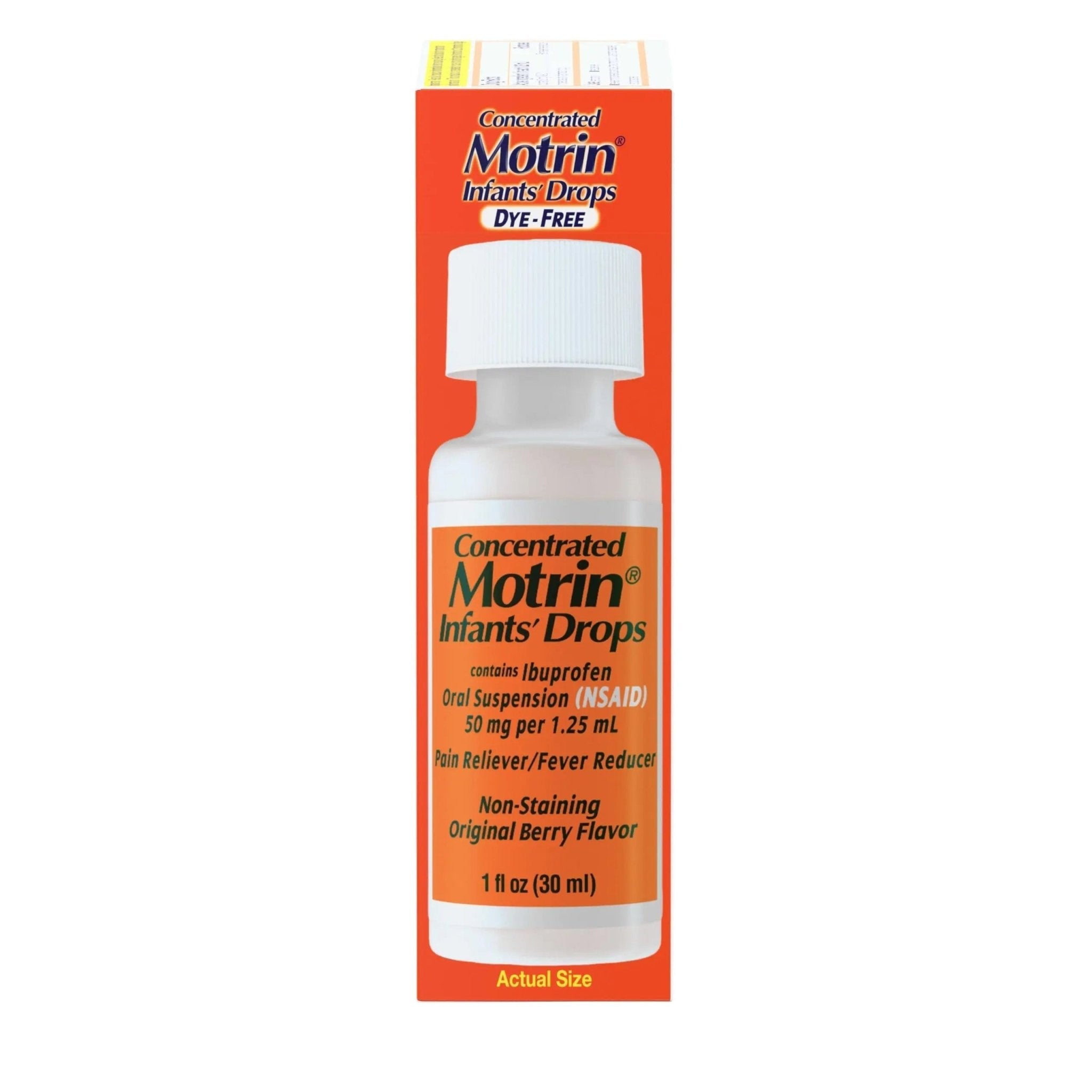 Motrin Infants Infant Ibuprofen Oral Suspension Concentrated Drops, NSAID Fever Reducer & Pain Reliever for Babies, Dye Free, Alcohol-Free, Berry Flavor, Includes Enclosed Syringe, 1 fl. oz - TrustMedUSA
