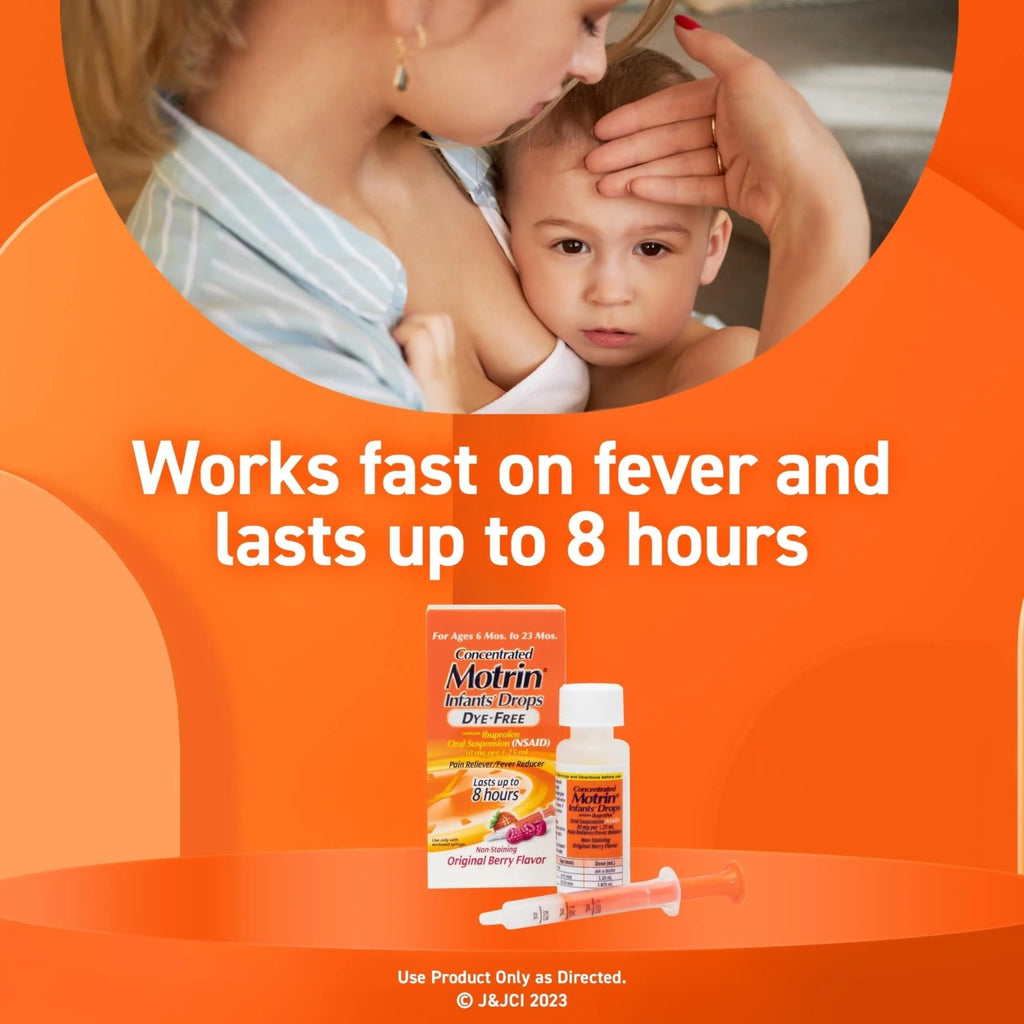 Motrin Infants Infant Ibuprofen Oral Suspension Concentrated Drops, NSAID Fever Reducer & Pain Reliever for Babies, Dye Free, Alcohol-Free, Berry Flavor, Includes Enclosed Syringe, 1 fl. oz - TrustMedUSA